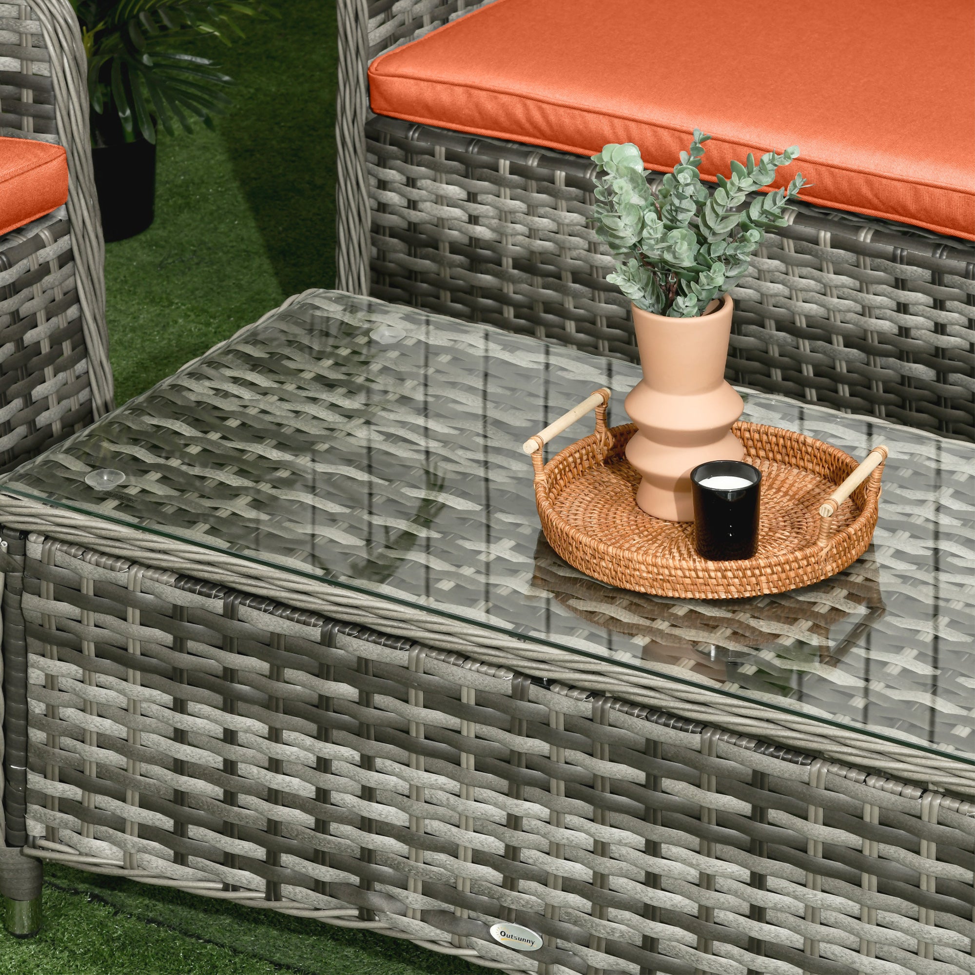 Outsunny Four-Piece Rattan Sofa Set, with Glass-Top Table - Orange - North Peak Garden Furniture