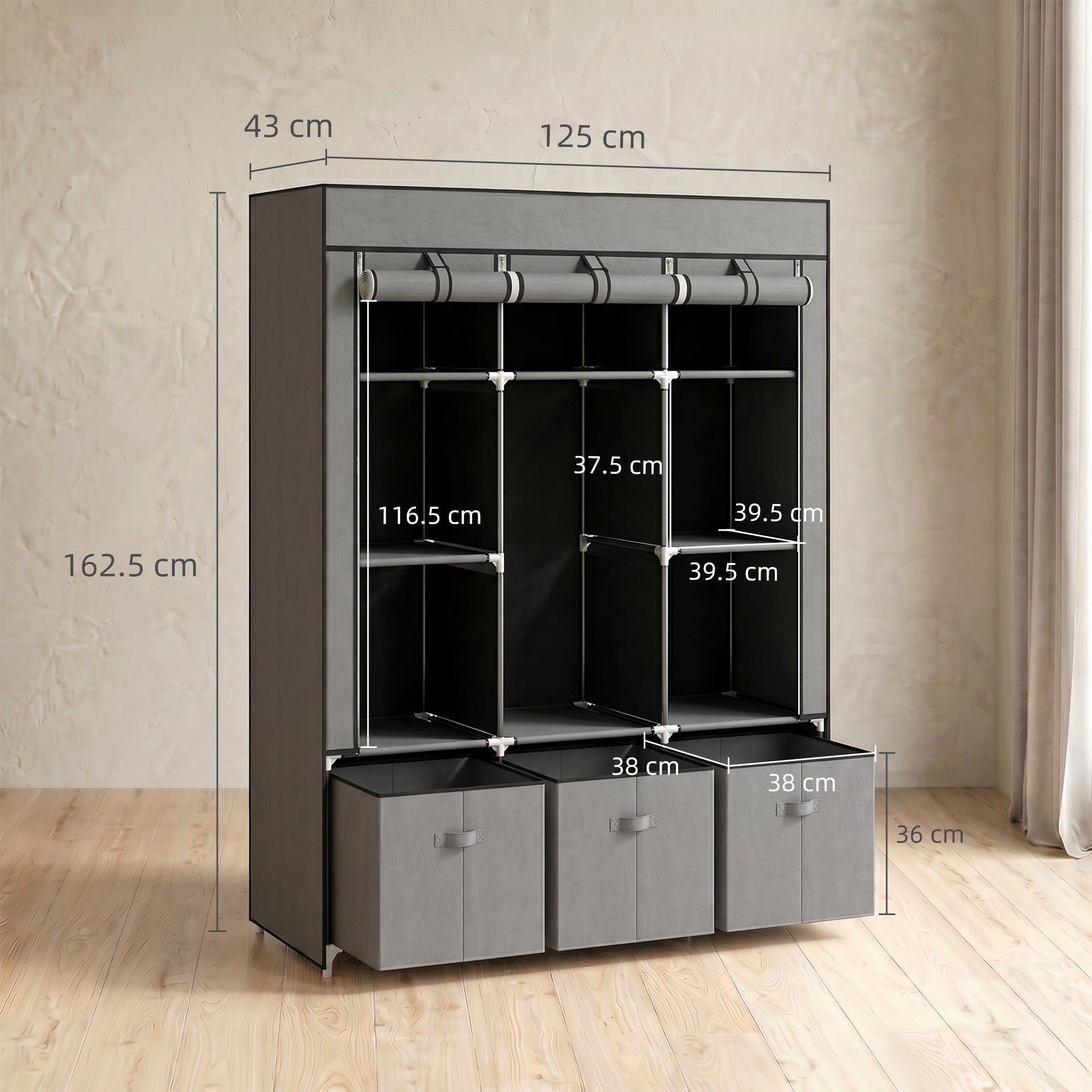 HOMCOM Fabric Wardrobe for Bedroom, Portable Wardrobe with 5 Shelves, 2 Hanging Rails and 3 Fabric Drawers, Foldable Closet, 125 x 43 x 162.5cm, Dark Grey