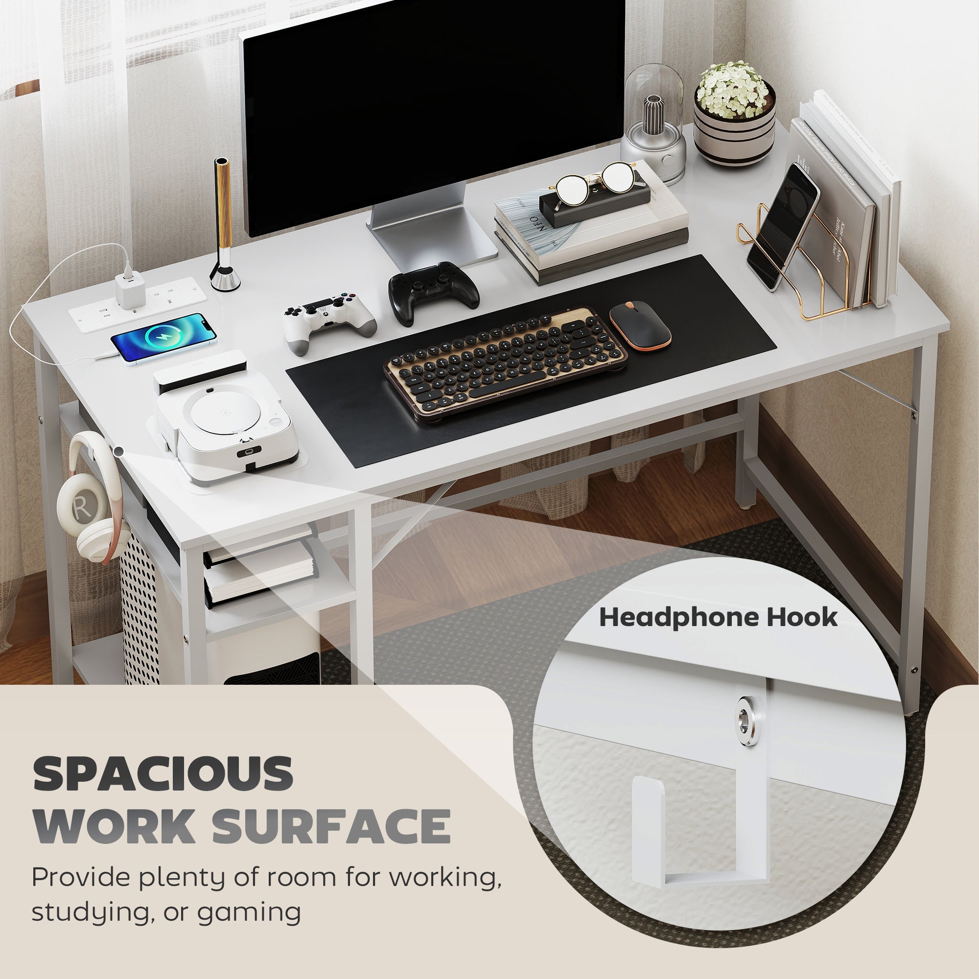 HOMCOM Computer Desk, with Power Sockets - White - North Peak Garden Furniture