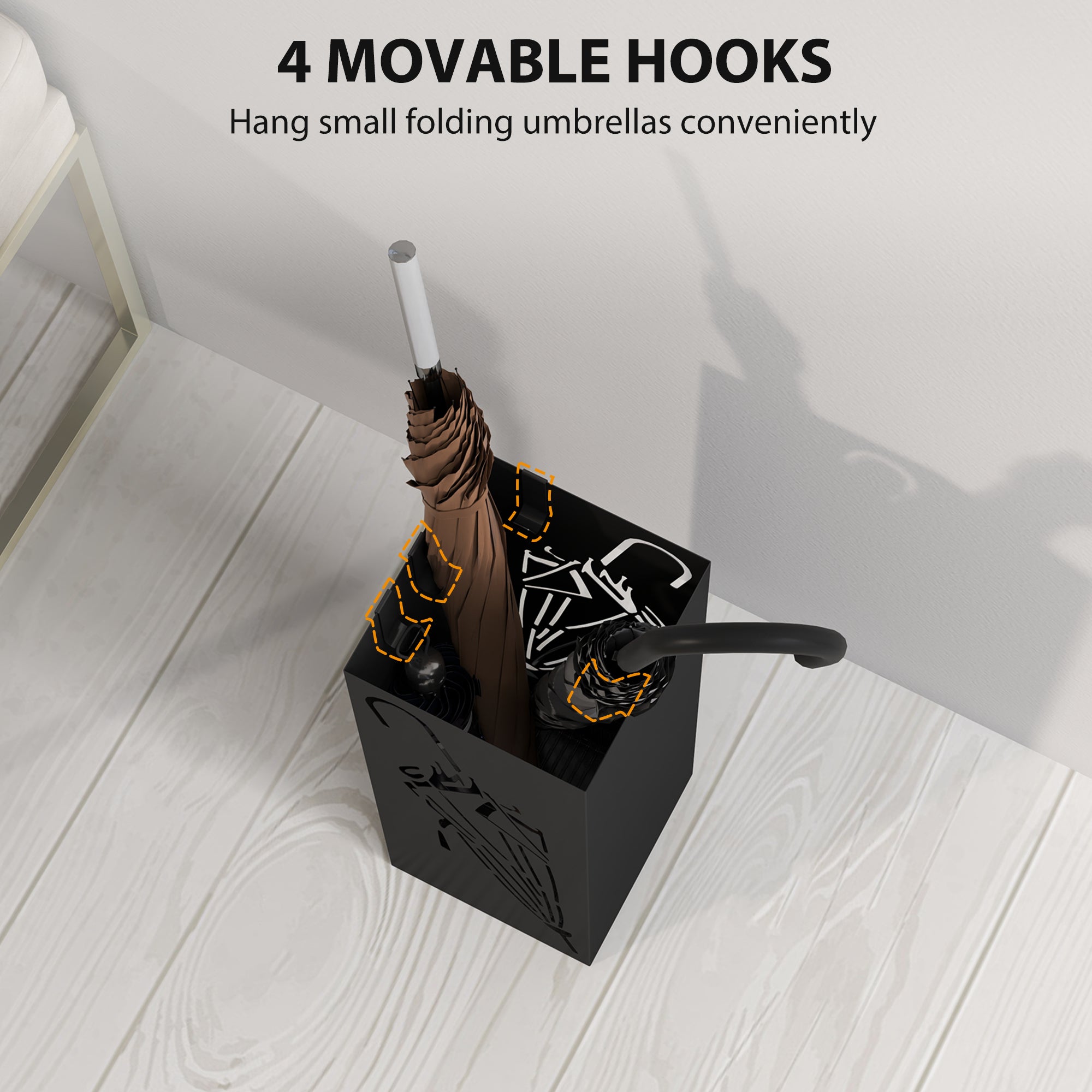 HOMCOM Metal Umbrella Stand, Square Umbrella Holder with 4 Hooks and Removable Drip Tray, Decorative Umbrella Storage Rack for Entryway, Hallway, 15.5 x 15.5 x 41 cm, Black - North Peak Garden Furniture