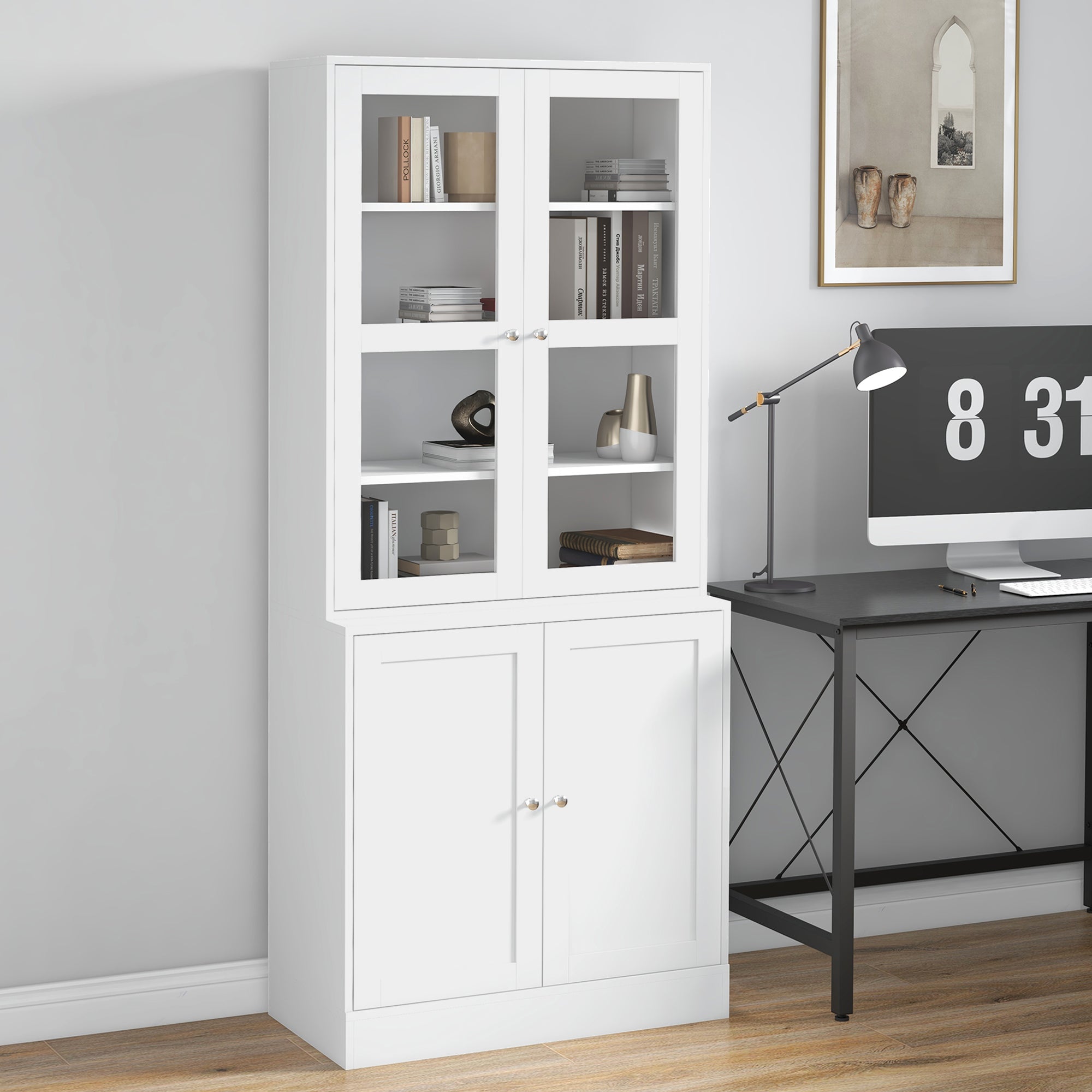 HOMCOM Modern Bookcase with Glass Doors, Display Storage Cabinet with Adjustable Shelves for Living Room, Study, Office, White - North Peak Garden Furniture