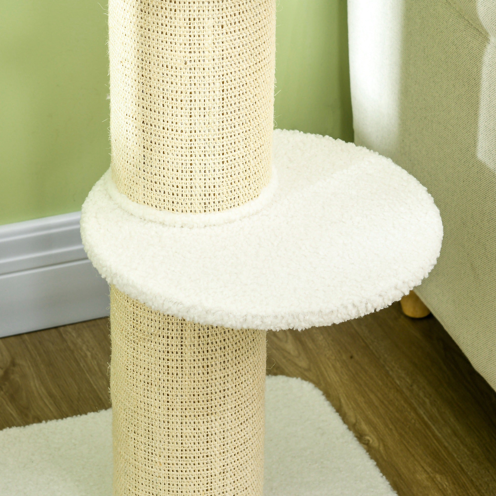 PawHut 2 Tier Sisal Sherpa Cat Tree with Basket Cushion Sisal Post Cream White - North Peak Garden Furniture