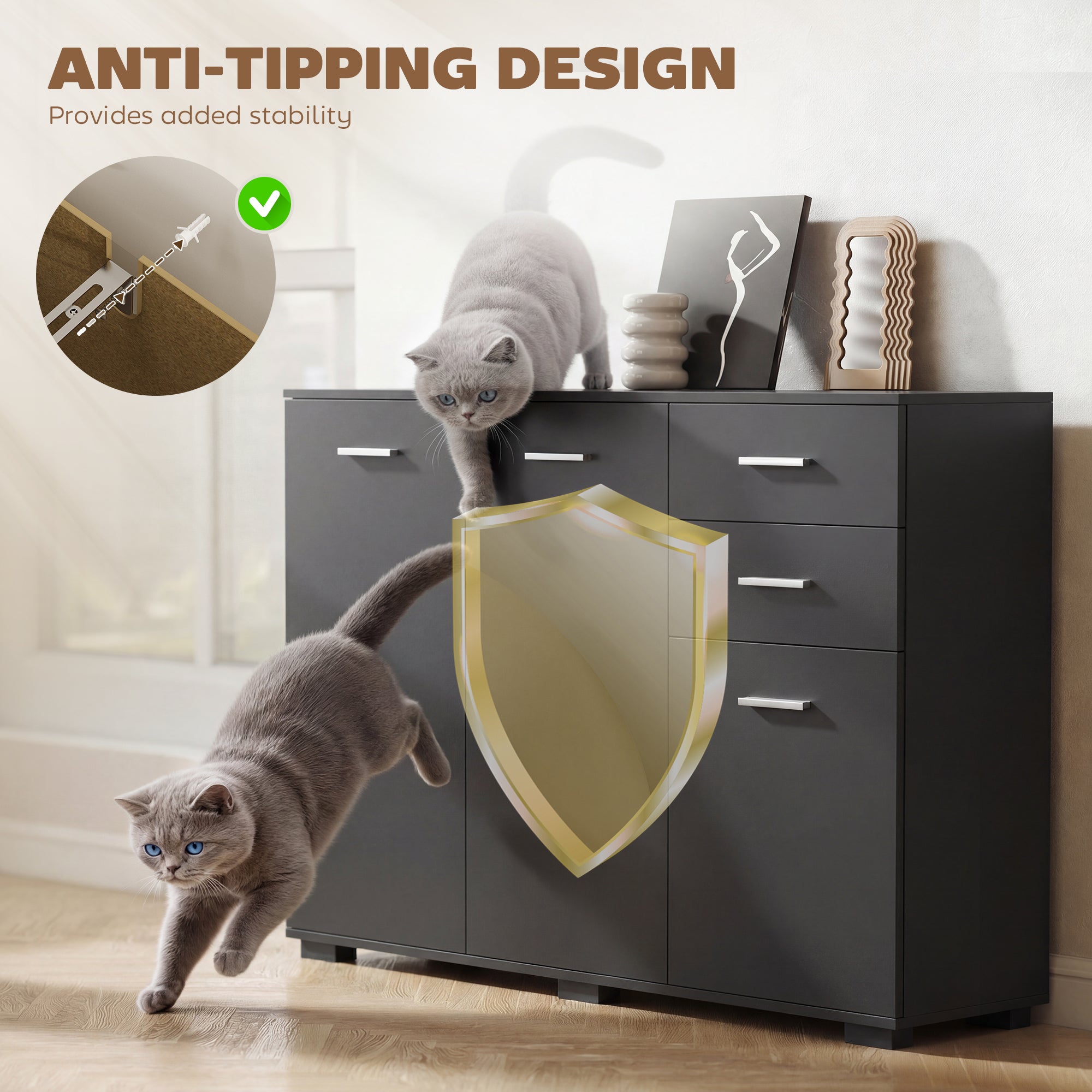 HOMCOM Sideboard, Modern Storage Cabinet with 2 Drawers, 3 Doors and Adjustable Shelves, Black