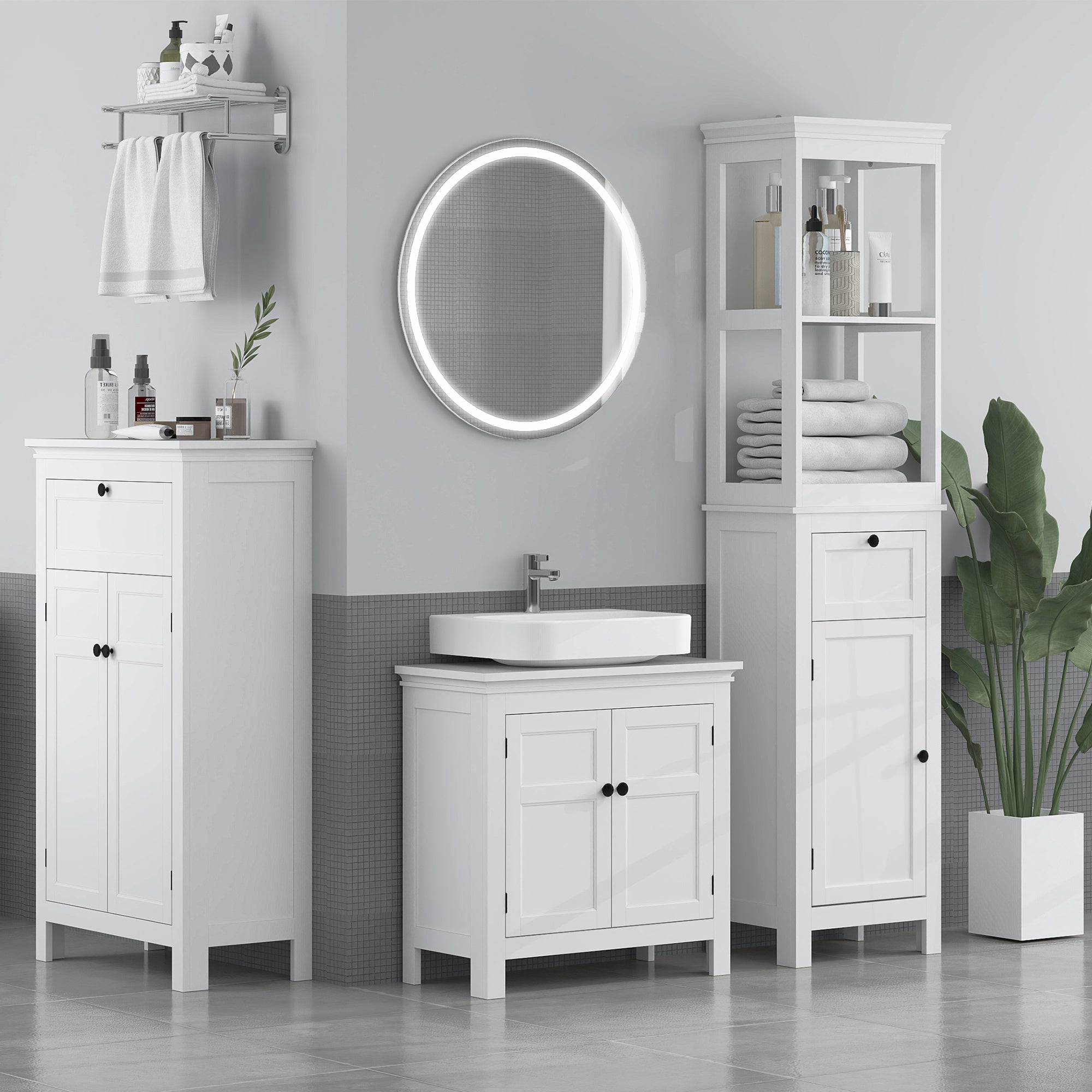 HOMCOM Tall Bathroom Cabinet, Slim Bathroom Storage Cabinet with 2 Open Shelves, Soft Close Door and Drawer, Adjustable Shelf, Narrow Cupboard Storage Unit, White - North Peak Garden Furniture
