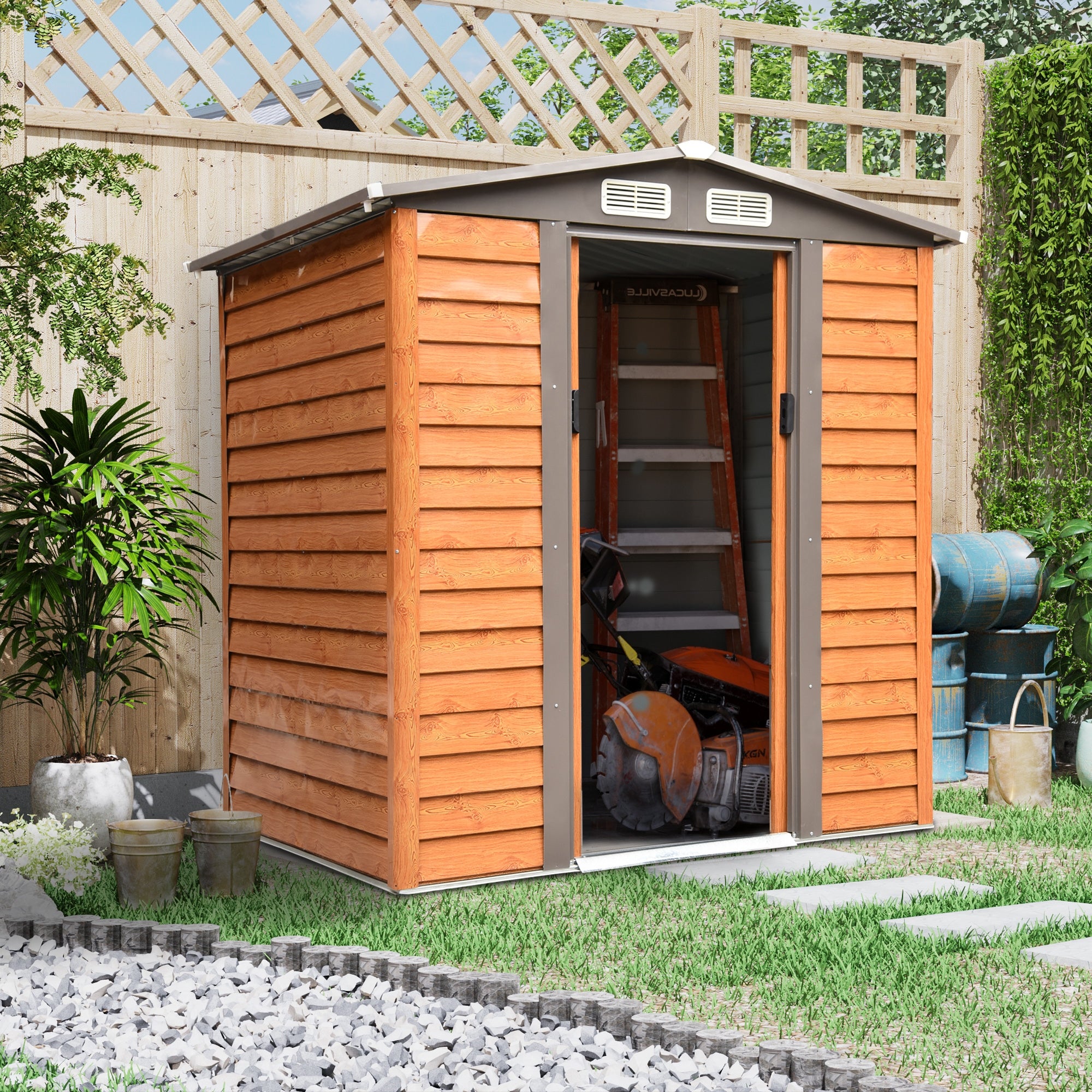 Outsunny 6.5 x 5ft Garden Shed, Metal Storage Tool House Gardening Tool Storage with Shutter Vents, Brown - North Peak Garden Furniture