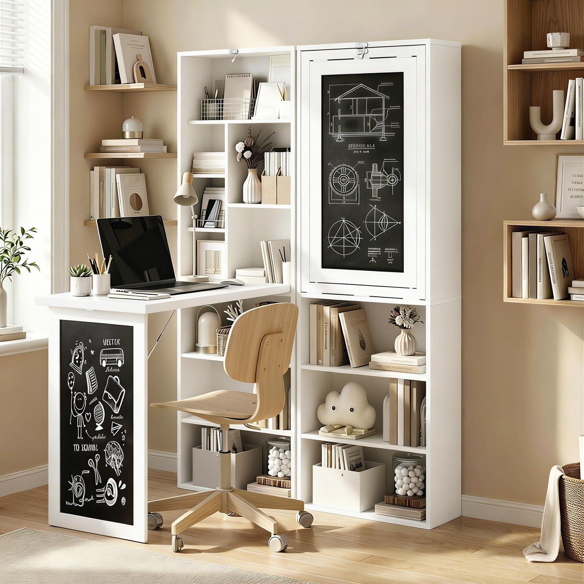 HOMCOM Fold-out Convertible Writing Desk Wall Mount Cabinet with Blackboard and Side Shelf Multi-Function Home Office Workstation, White