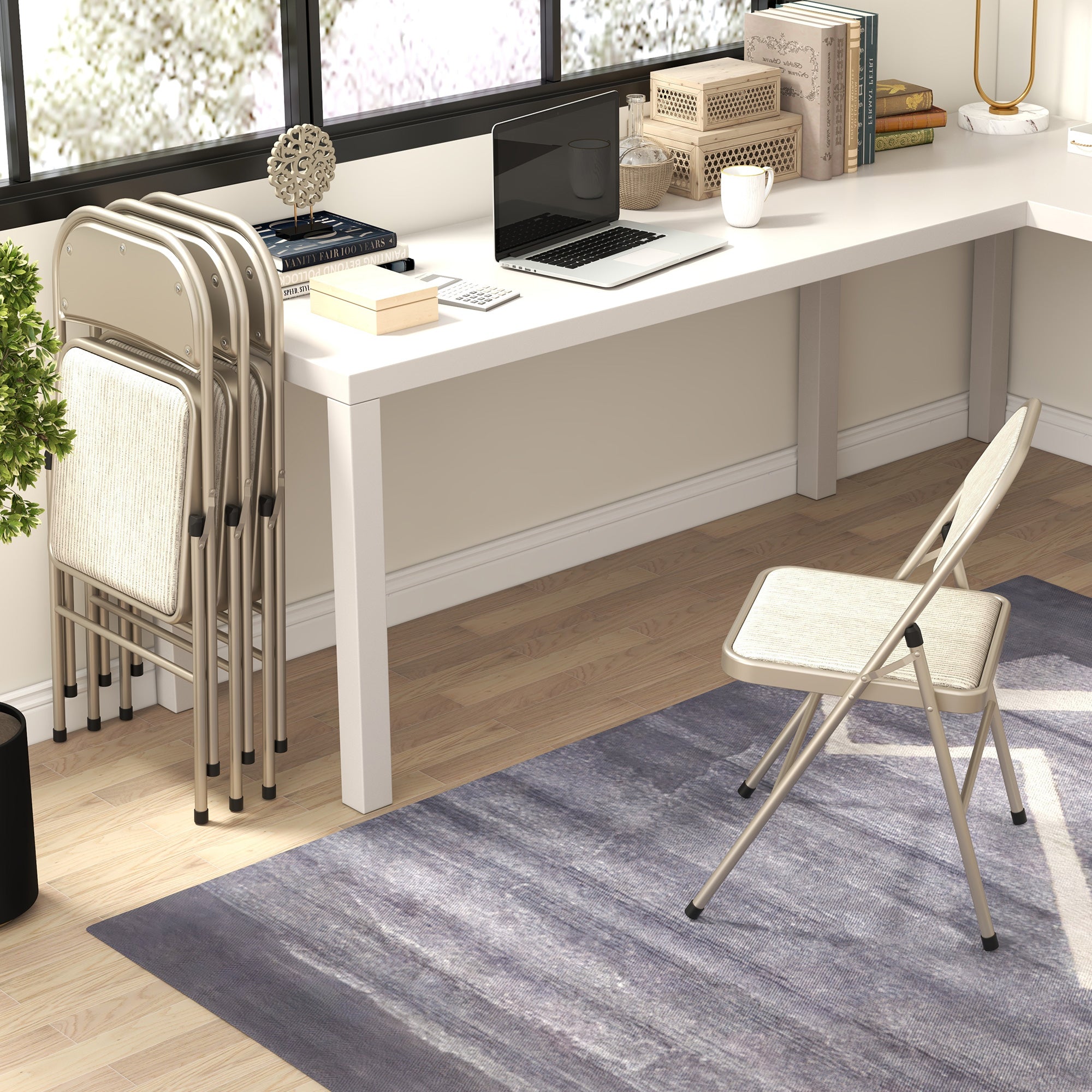 HOMCOM Linen-Look Set of Four Cushioned Folding Chairs - Beige
