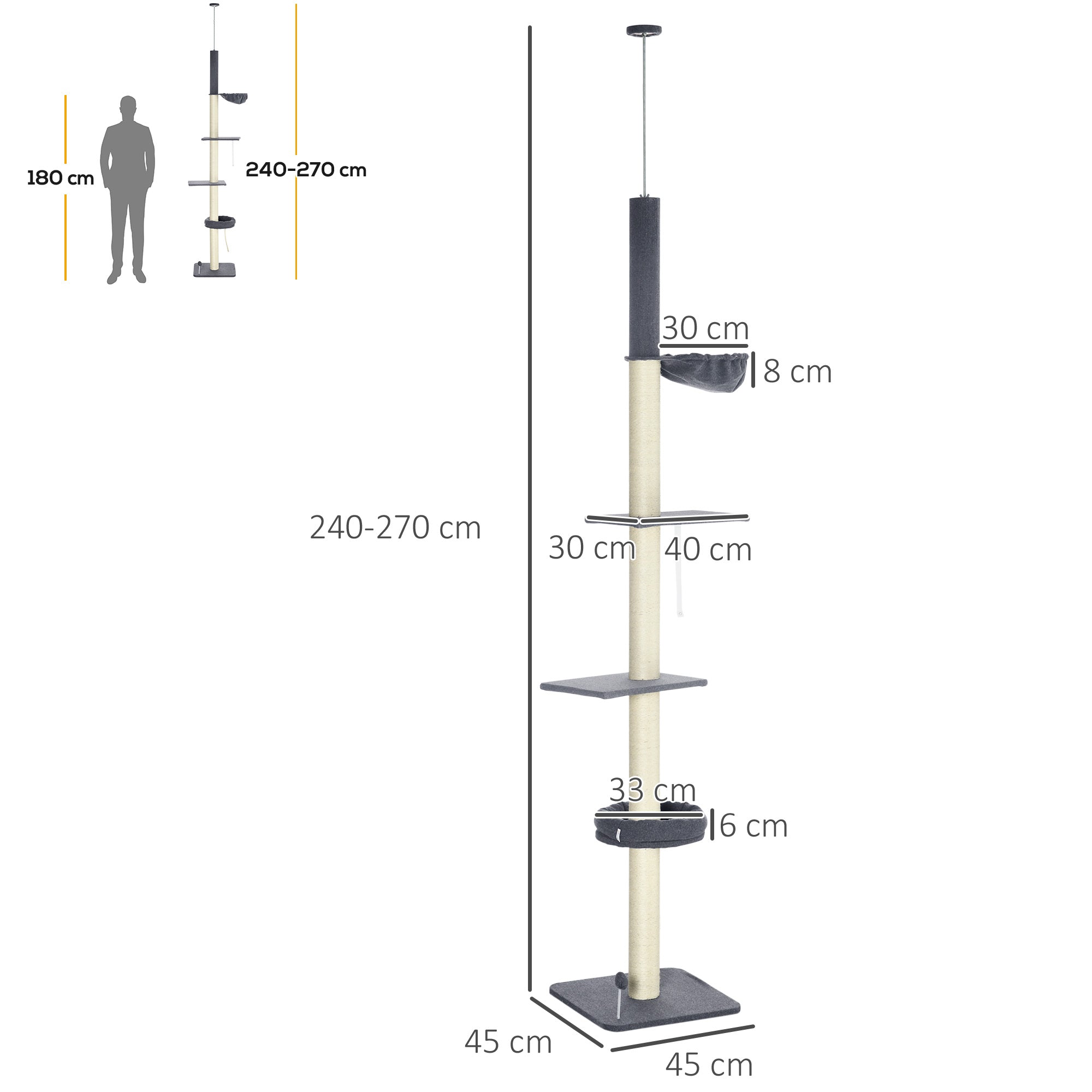 PawHut 240-270cm Floor-To-Ceiling Cat Tree, 5 Tier Cat Climbing Tower, with Bed, Hammock, Platforms, Black and Cream