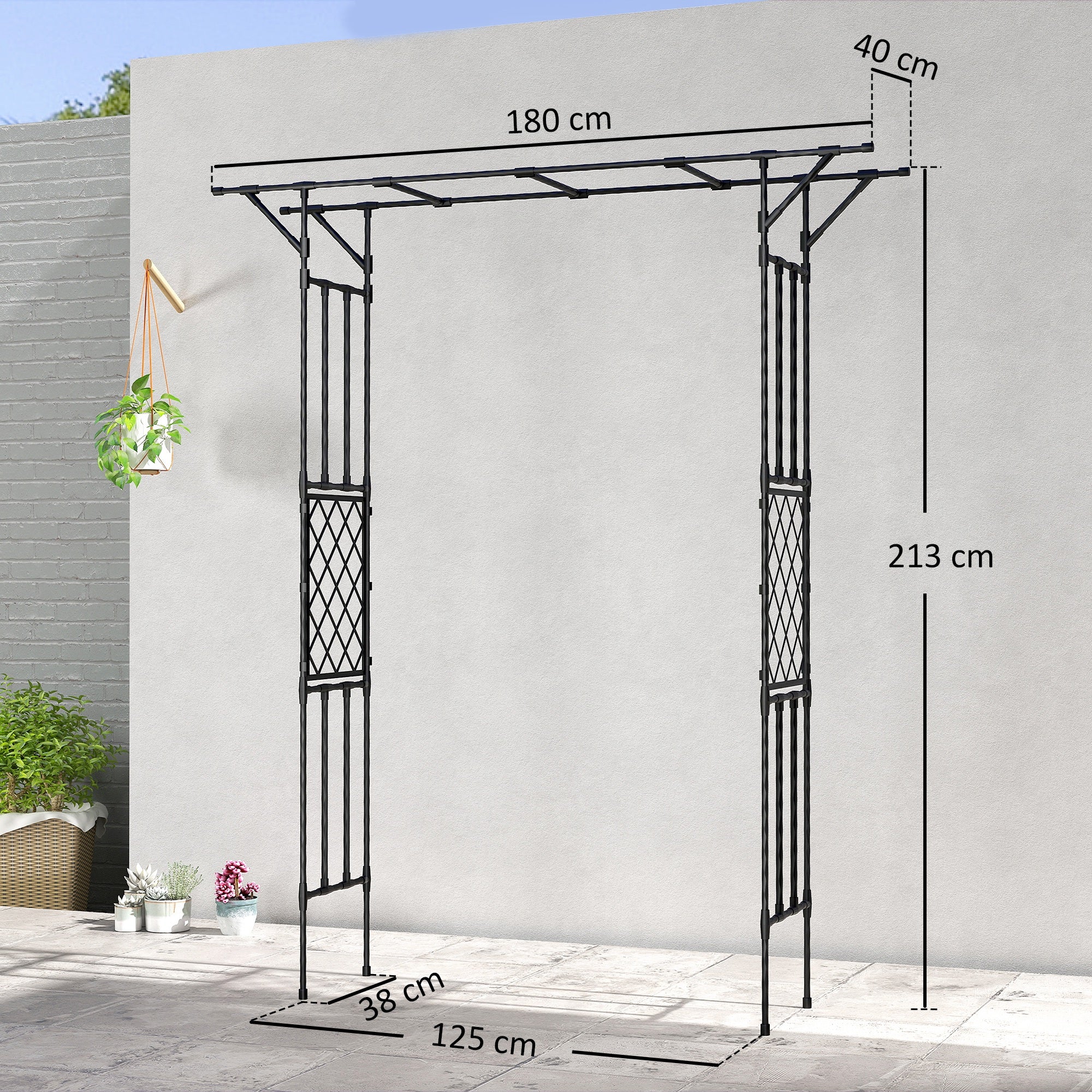Outsunny Garden Arch, PE-Coated Steel Arbour Trellis for Climbing Plants, Rose Arch, 180 x 40 x 215 cm, Black