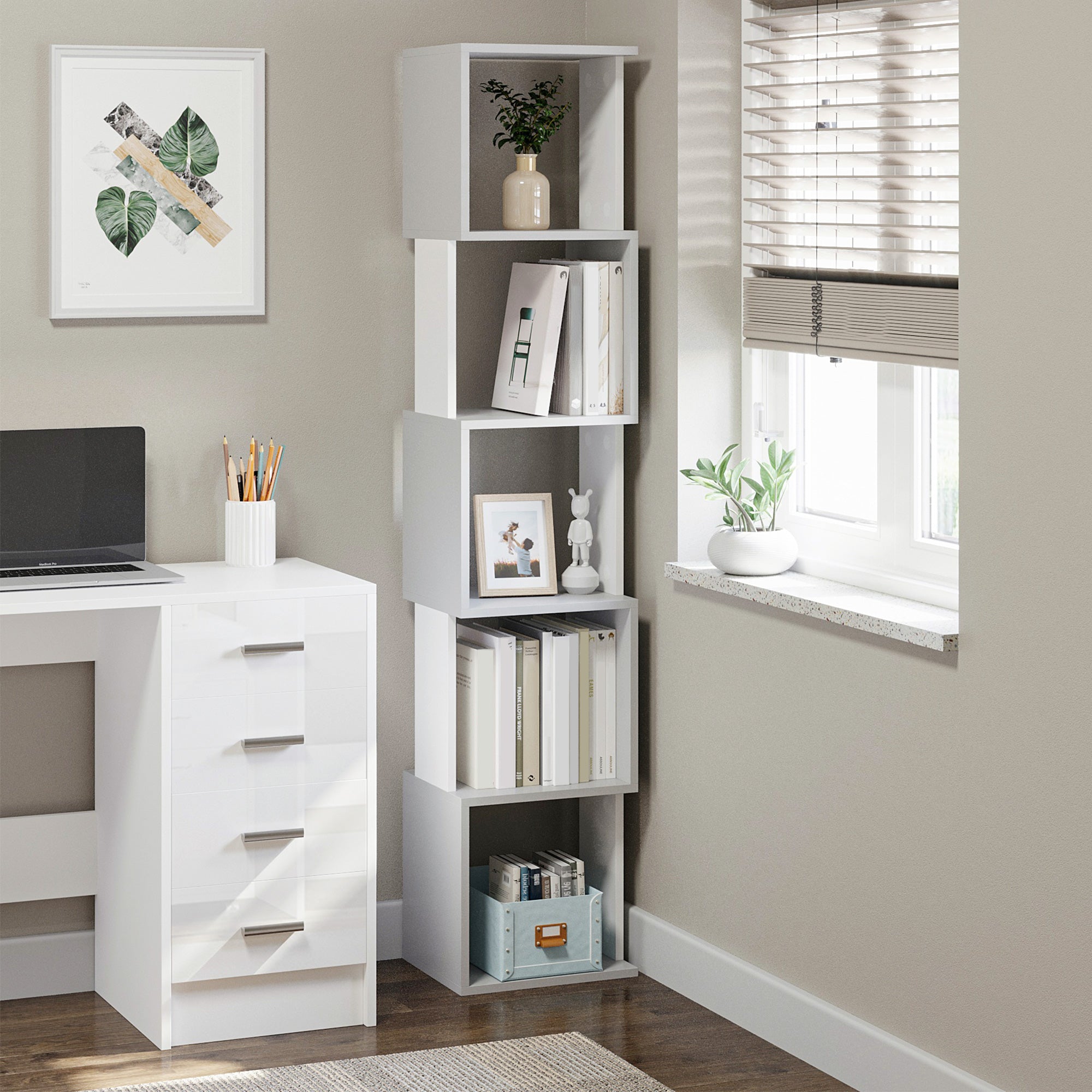 HOMCOM Modern 5-Tier Bookshelf, Freestanding Bookcase Storage Shelving for Living Room Home Office Study, White and Light Grey - North Peak Garden Furniture