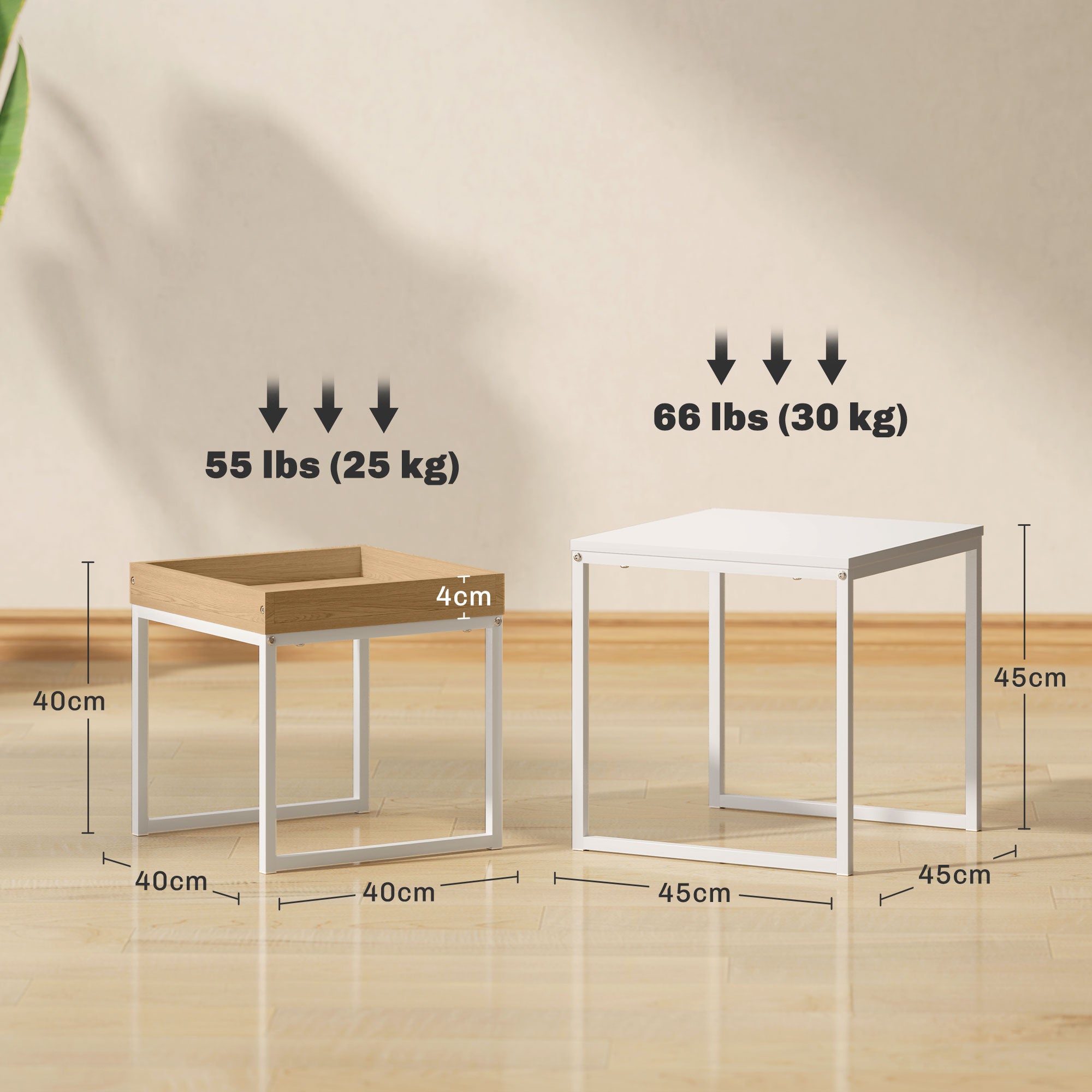 HOMCOM Set of Two Boxy Nesting Tables - White/Wood-Effect - North Peak Garden Furniture