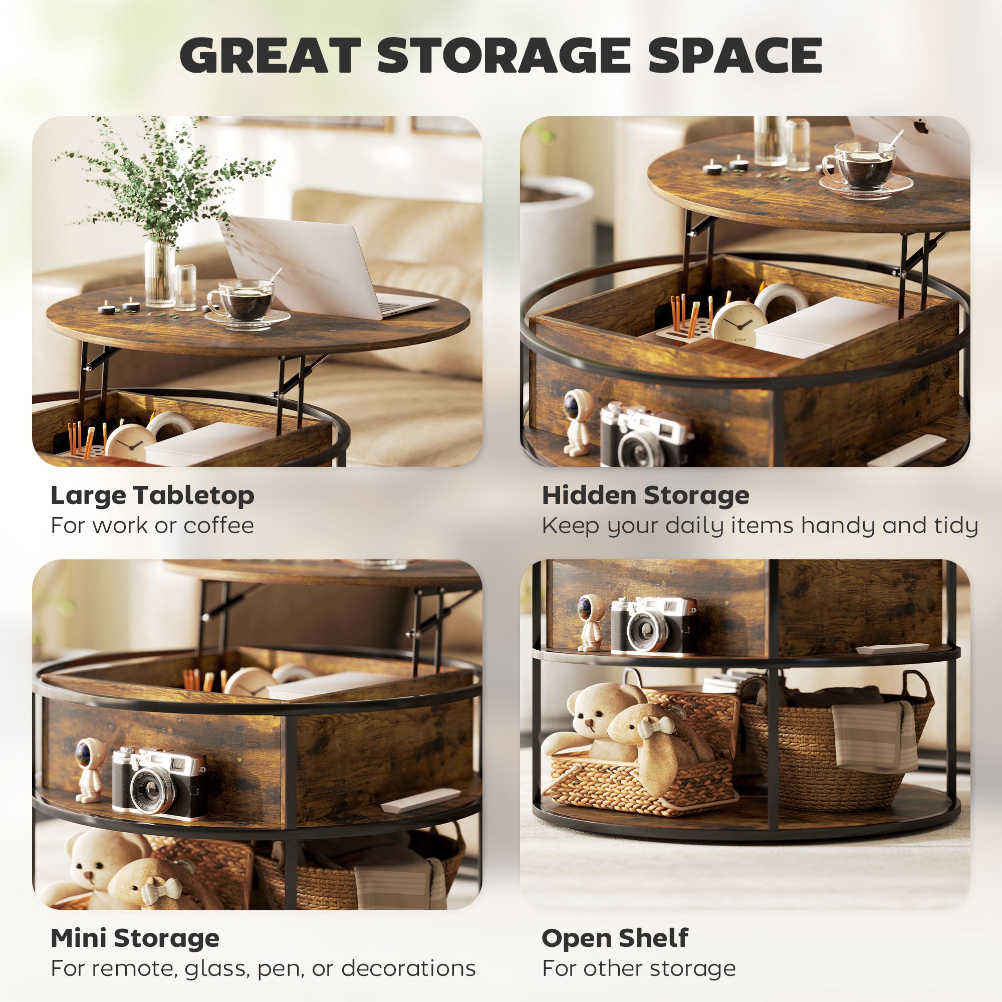 HOMCOM Lift Top Coffee Table, Round Coffee Table with Storage Shelf, Hidden Compartment and Steel Frame for Living Room, Home Office, Brown - North Peak Garden Furniture