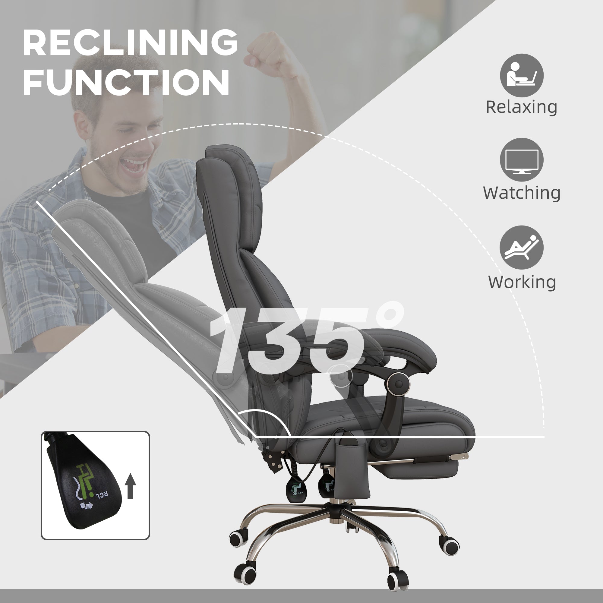 Vinsetto High Back Vibration Massage Office Chair, Heated Reclining PU Leather Computer Chair with Footrest, Grey - North Peak Garden Furniture