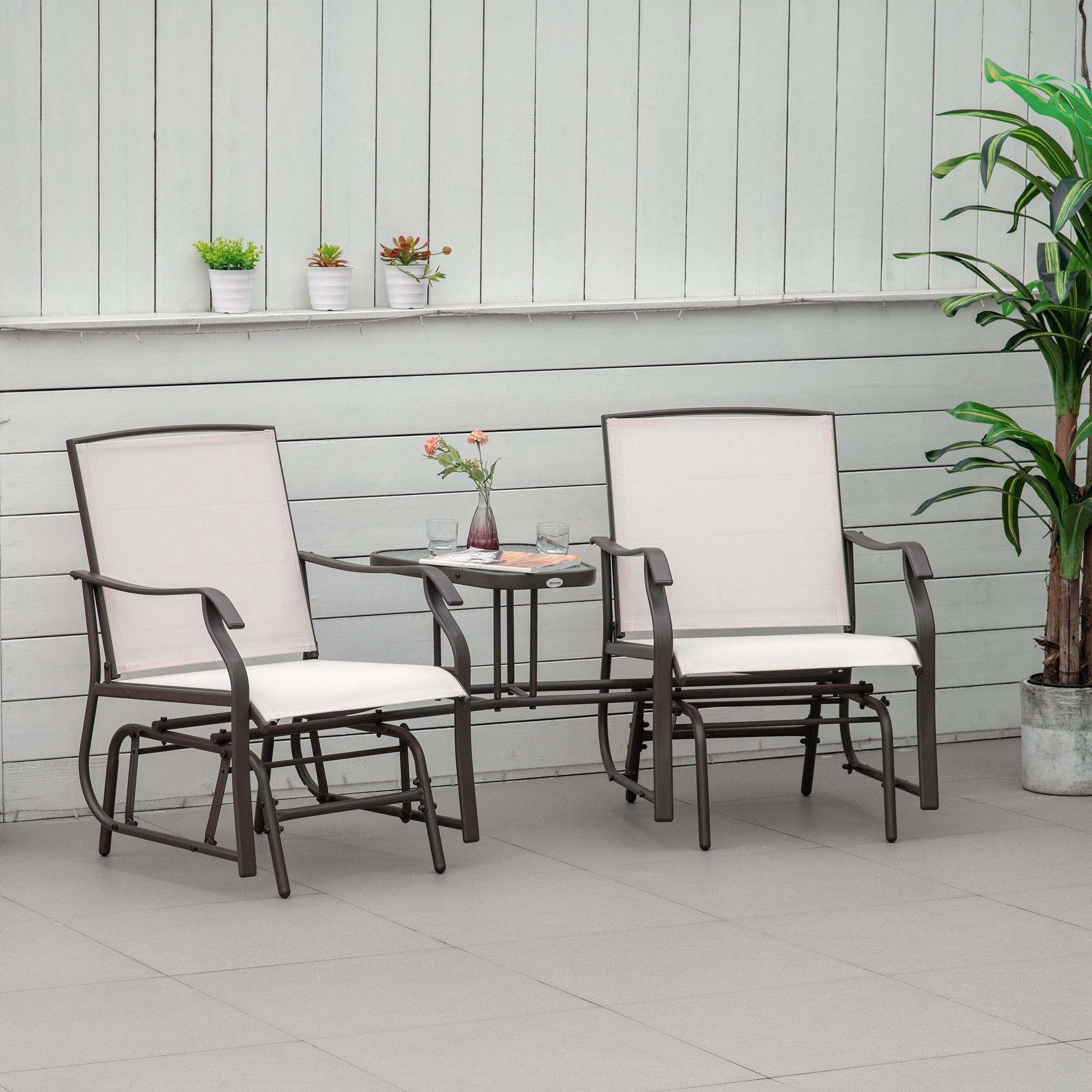 Outsunny Gliding Jack and Jill Seat, with Glass-Top Table - Brown/Beige - North Peak Garden Furniture