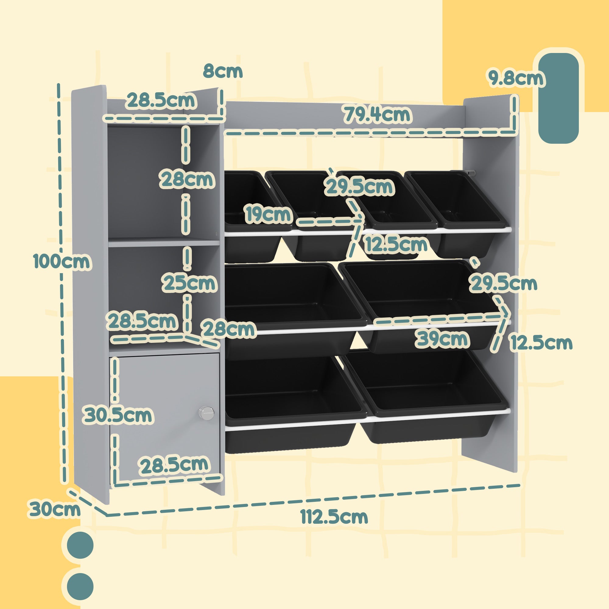 AIYAPLAY Toy Storage Unit with 8 Removable Bins, Storage Shelves, Cabinet, Grey - North Peak Garden Furniture