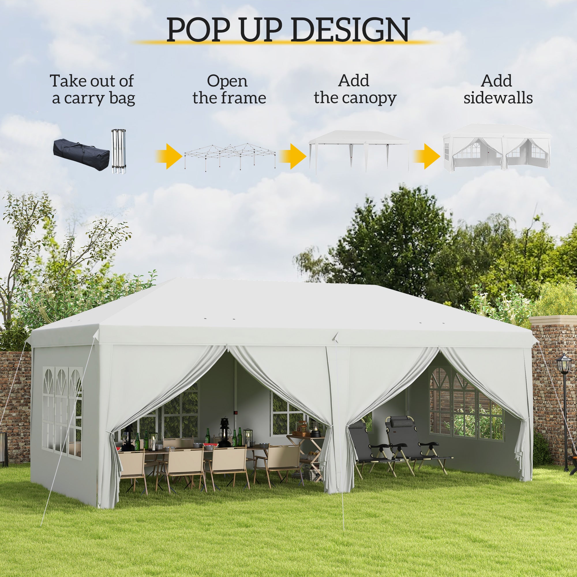 Outsunny 3 x 6 m Pop Up Gazebo with Sides and Windows, Height Adjustable Party Tent with Storage Bag for Garden, Camping, Event, White - North Peak Garden Furniture