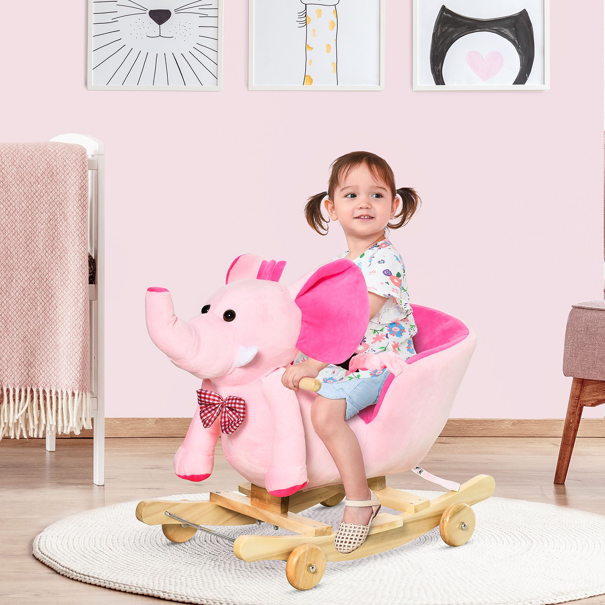 HOMCOM 2 In 1 Plush Baby Ride on Rocking Horse Elephant Rocker with Wheels Wooden Toy for Kids 32 Songs for 18+ Months (Pink) - North Peak Garden Furniture