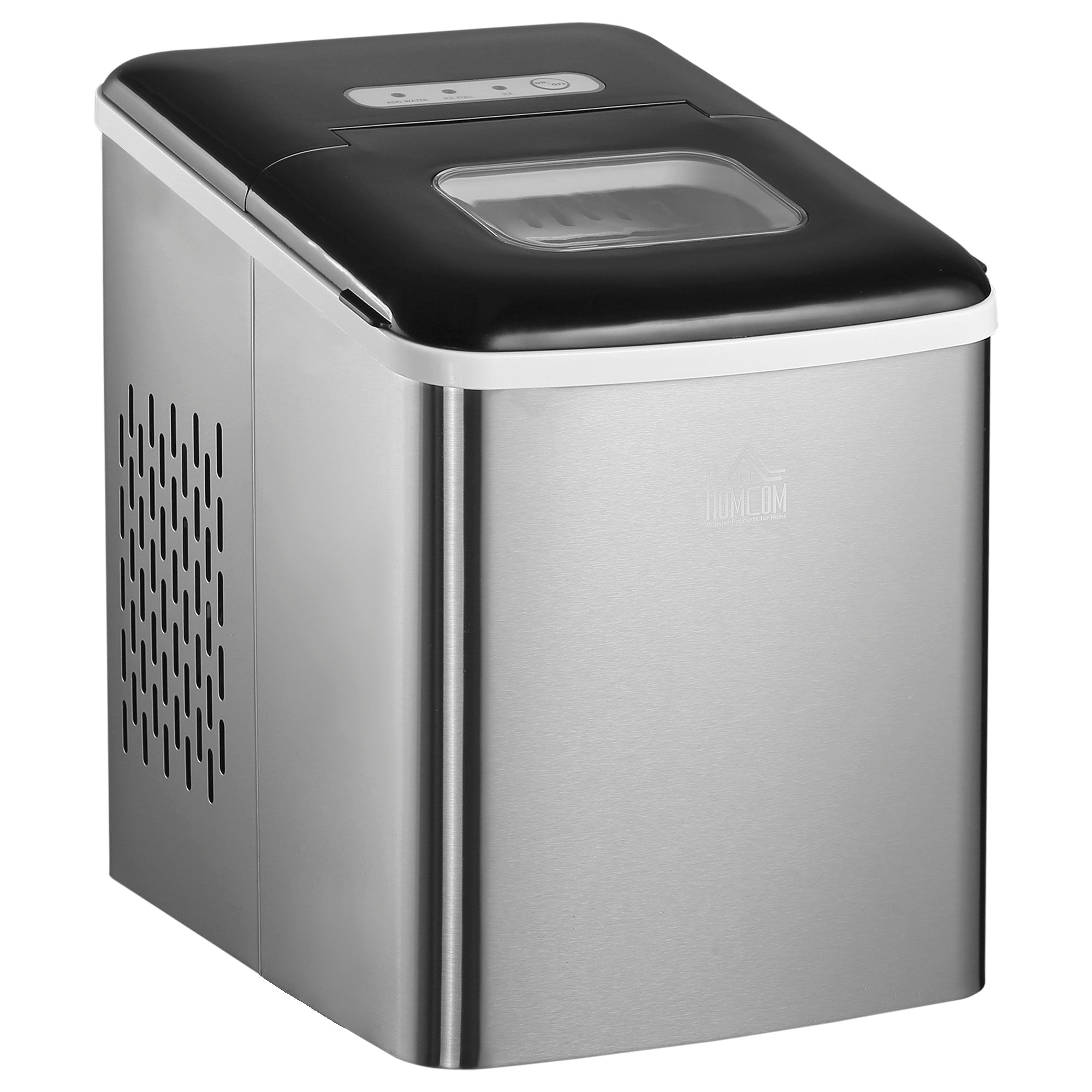 HOMCOM Ice Maker Machine, Counter Top Ice Cube Maker for Home, 9 Ice Cubes per 8 Minutes, 1.8L with Self Cleaning Function, Scoop and Basket Stainless Steel No Plumbing Required Black - North Peak Garden Furniture