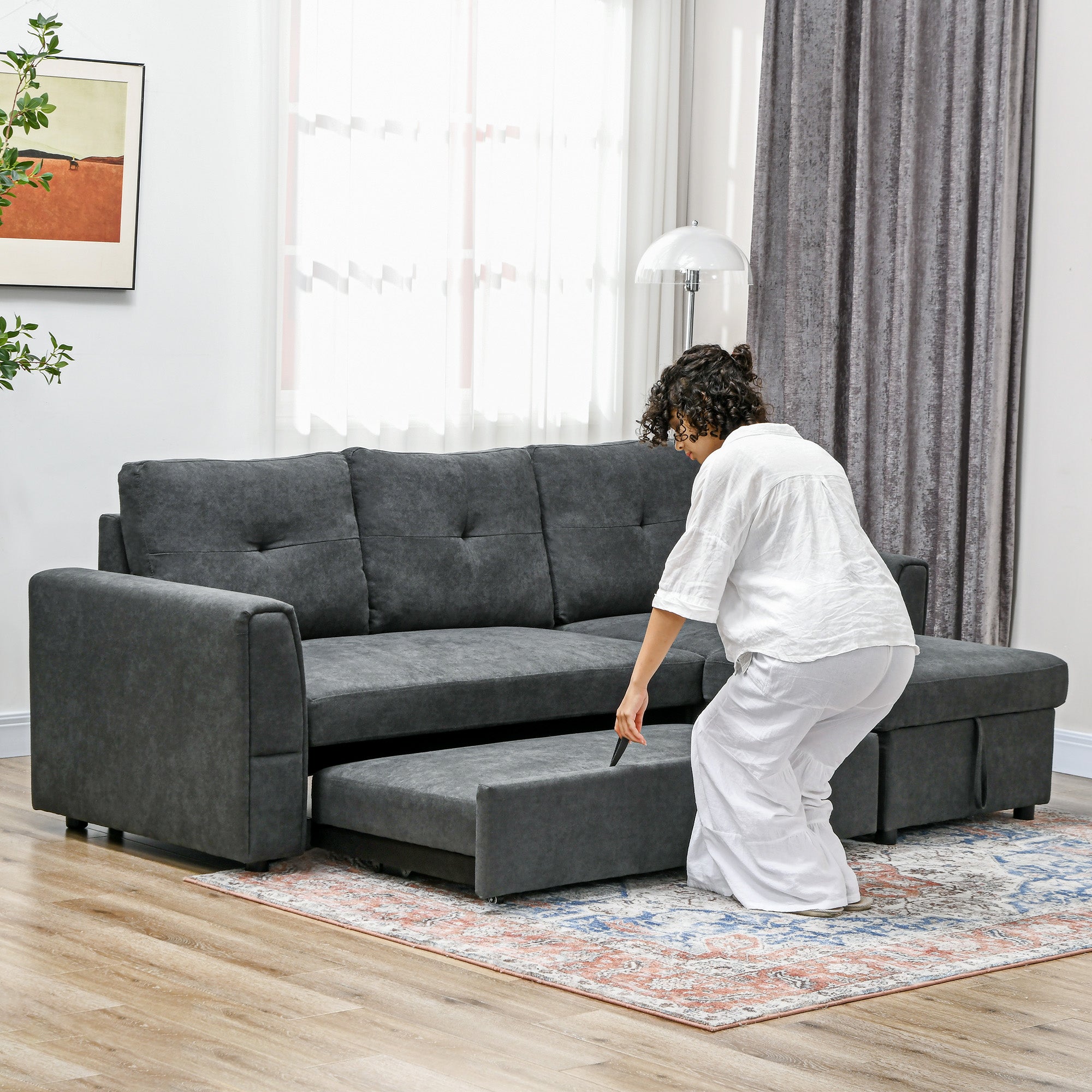 HOMCOM 3 Seater Sofa Bed, L-Shaped Corner Sofa, Pull Out Sofa with Storage, Convertible Click Clack Settee Sectional Sleeper Futon for Living Room, Office, Dark Grey - North Peak Garden Furniture