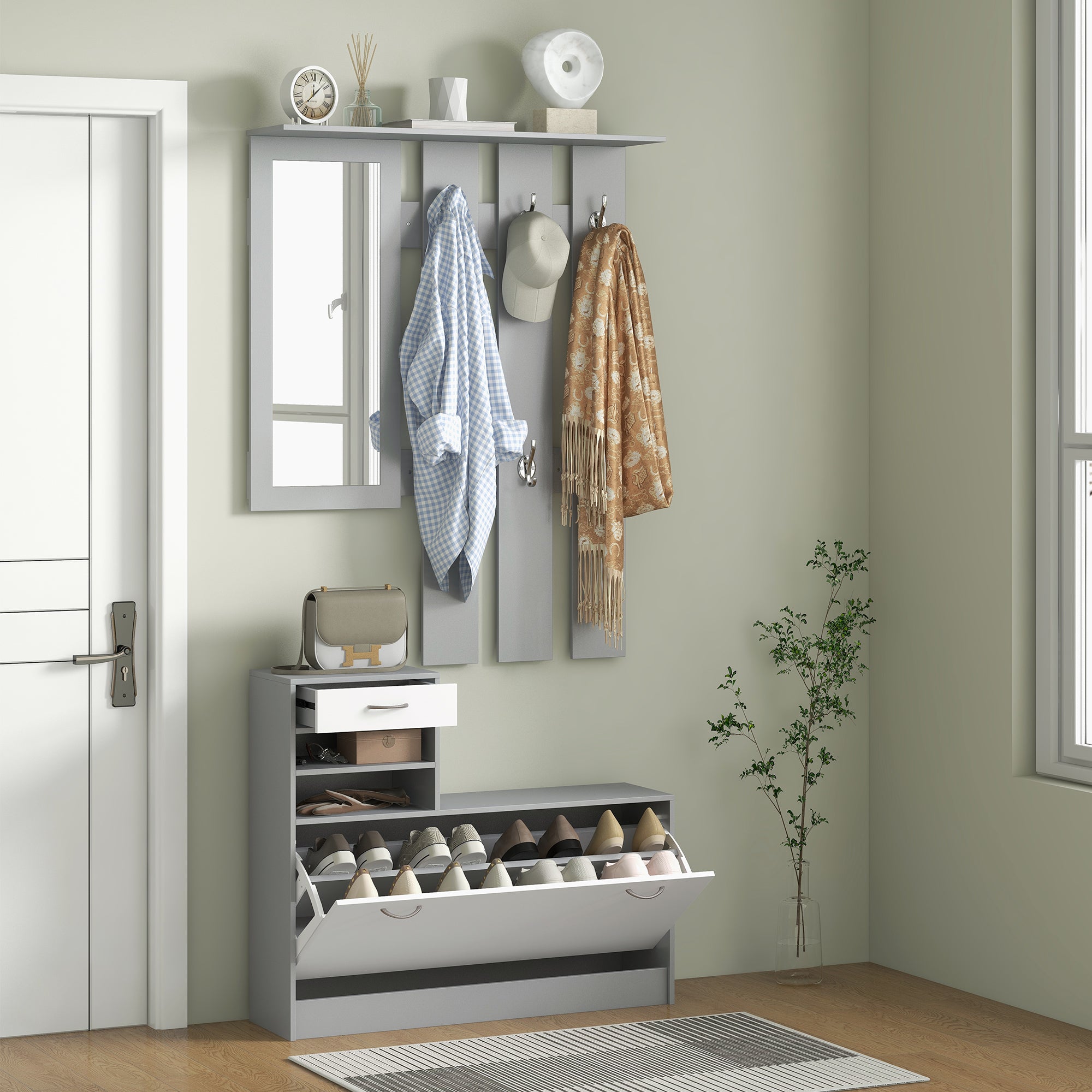 HOMCOM Three-in-One Hallway Storage Set - Grey/White - North Peak Garden Furniture