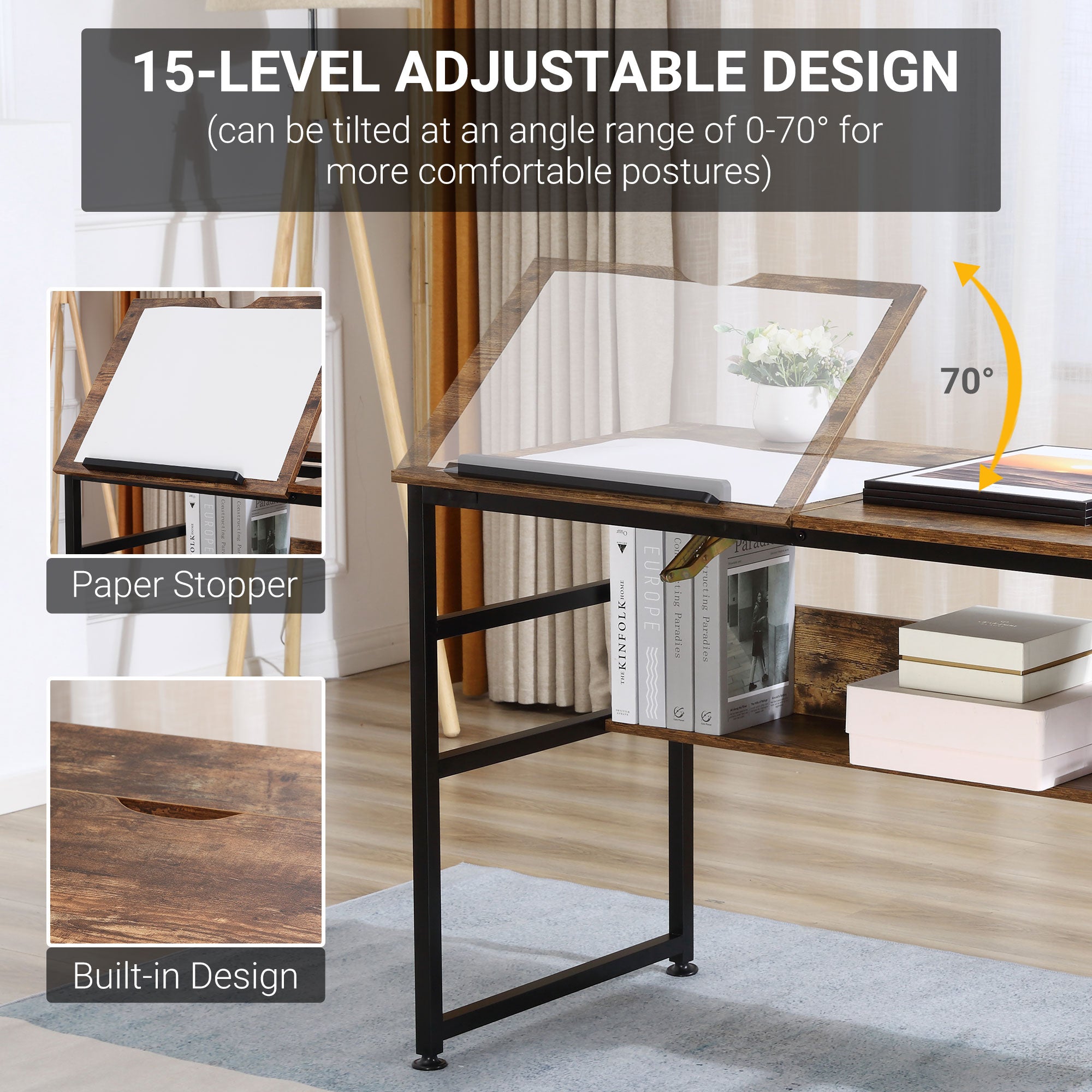 HOMCOM Adjustable Drafting Table Art Desk Drawing Table, Craft Desk Workstation for Painting, Multifunctional Writing Desk w/ 15-Level Tiltable Tabletop and Storage Shelf, Home Office, Rustic Brown - North Peak Garden Furniture