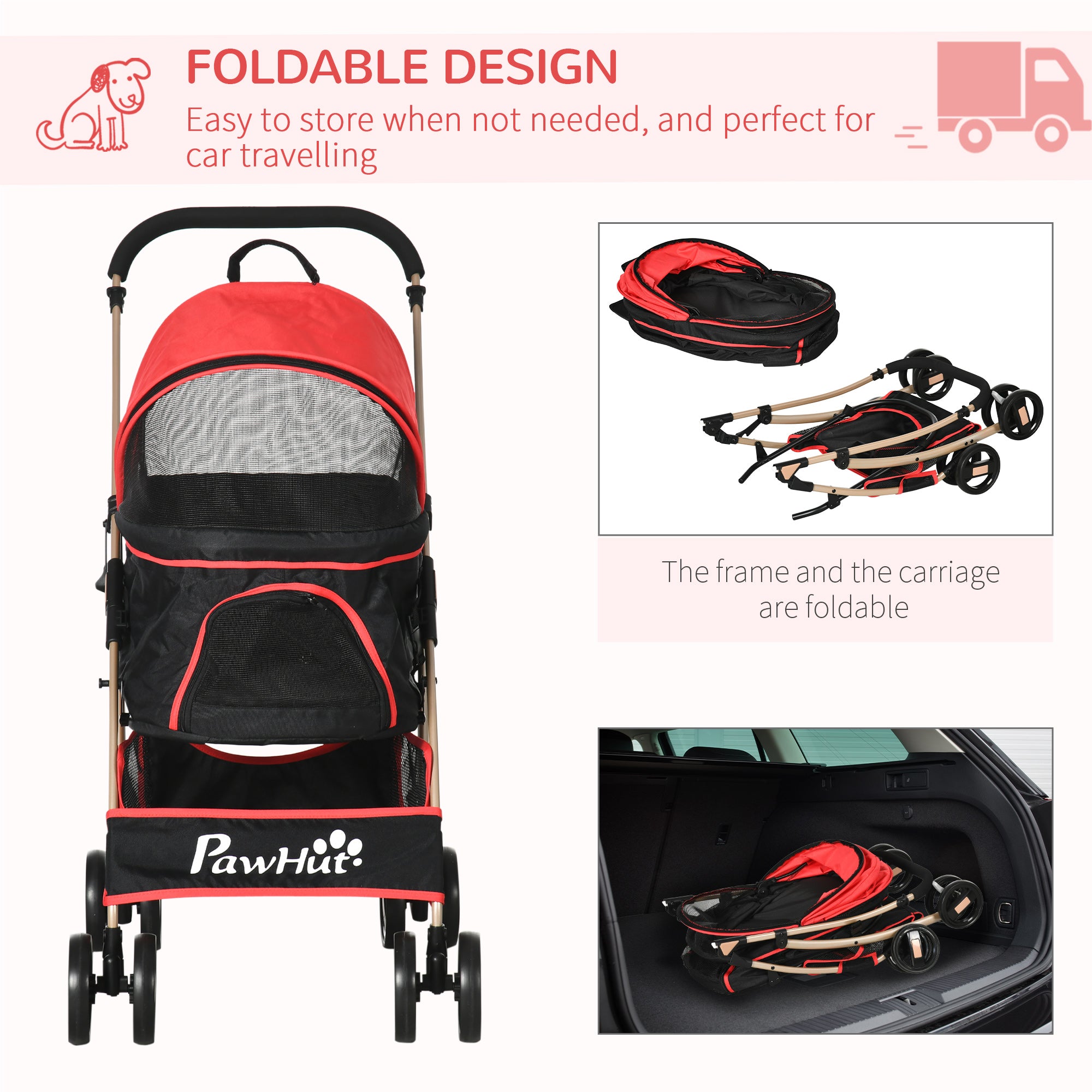 PawHut Detachable Pet Stroller with Rain Cover, 3 In 1 Cat Dog Pushchair, Foldable Carrying Bag w/ Universal Wheels, Brake, Canopy, Basket, Storage Bag for Small and Tiny Dogs - Red - North Peak Garden Furniture