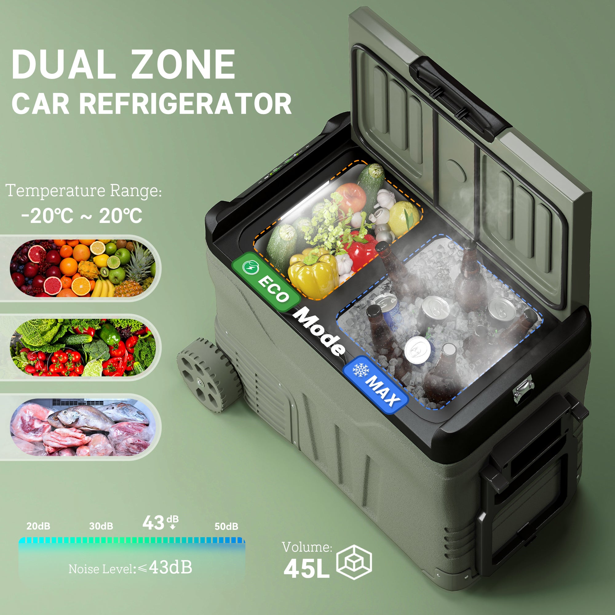 Outsunny 45L Camping Fridge Freezer Dual Zone, Portable Car Fridge 12V/24V DC & 100-240V AC, Electric Cool Box -20℃-20℃ with Wheels and LED Light, for Travel, RV, Road Trip, Picnic - North Peak Garden Furniture