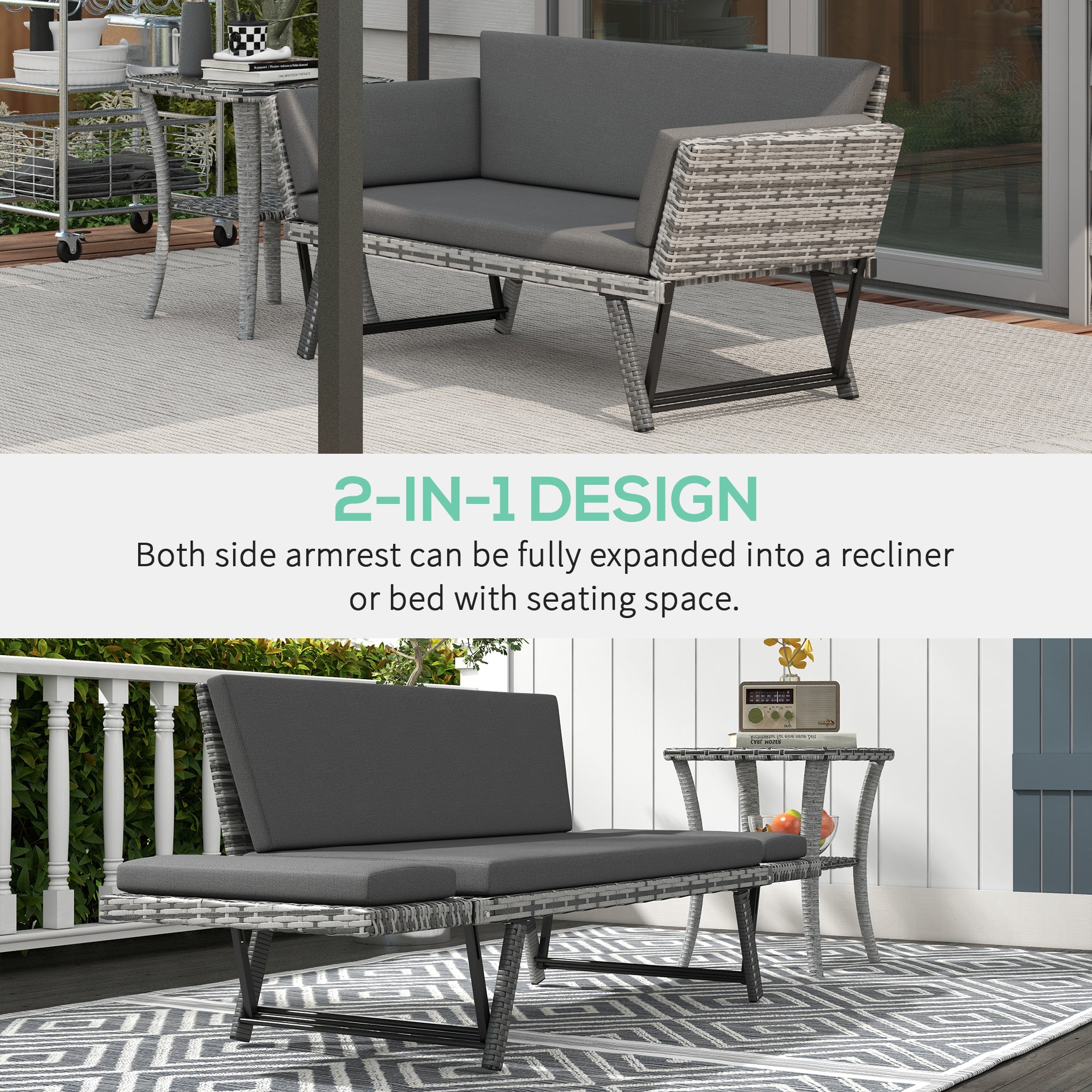 Outsunny 2 Seater Rattan Sofa with Cushions, 2-in-1 PE Rattan Daybed Sofa with Left Up or Down Armrests, Garden Chaise Lounger Loveseat for Outdoor, Patio, Mixed Grey - North Peak Garden Furniture