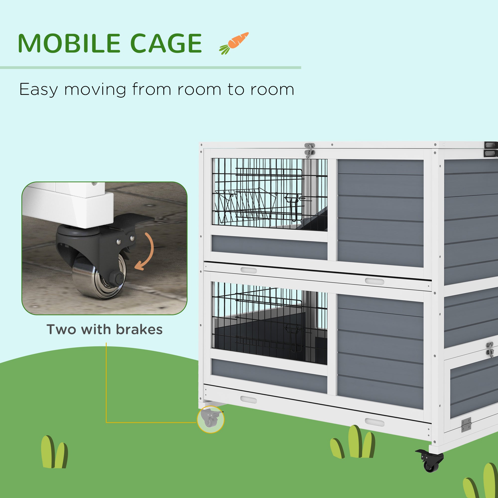 PawHut Double Deckers Guinea Pig Cage, Indoor Rabbit Hutch with Feeding Trough, Trays, Ramps, Openable Top - Grey - North Peak Garden Furniture