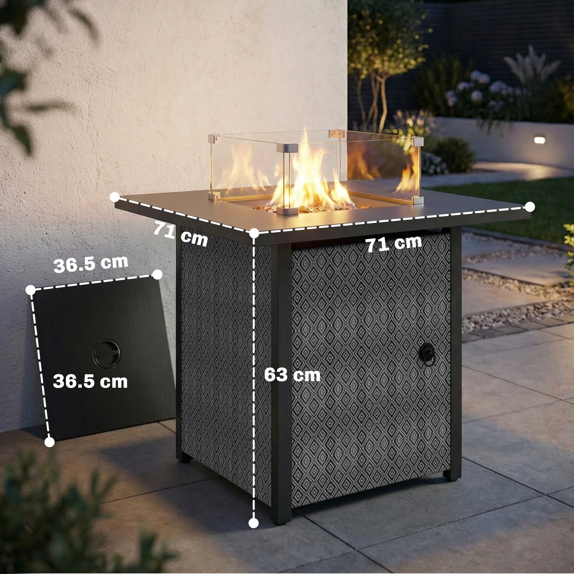 Outsunny Propane Gas Fire Pit Table for Garden, 11.7 KW Smokeless Firepit Outdoor Heater with Wind Guard, Glass Rocks, Lid, Black
