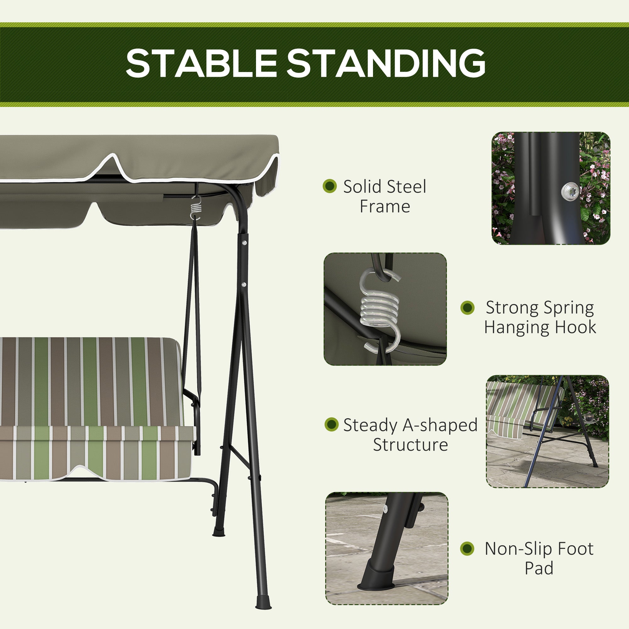 Outsunny Three-Seater Garden Swing Chair, with Adjustable Canopy - Green