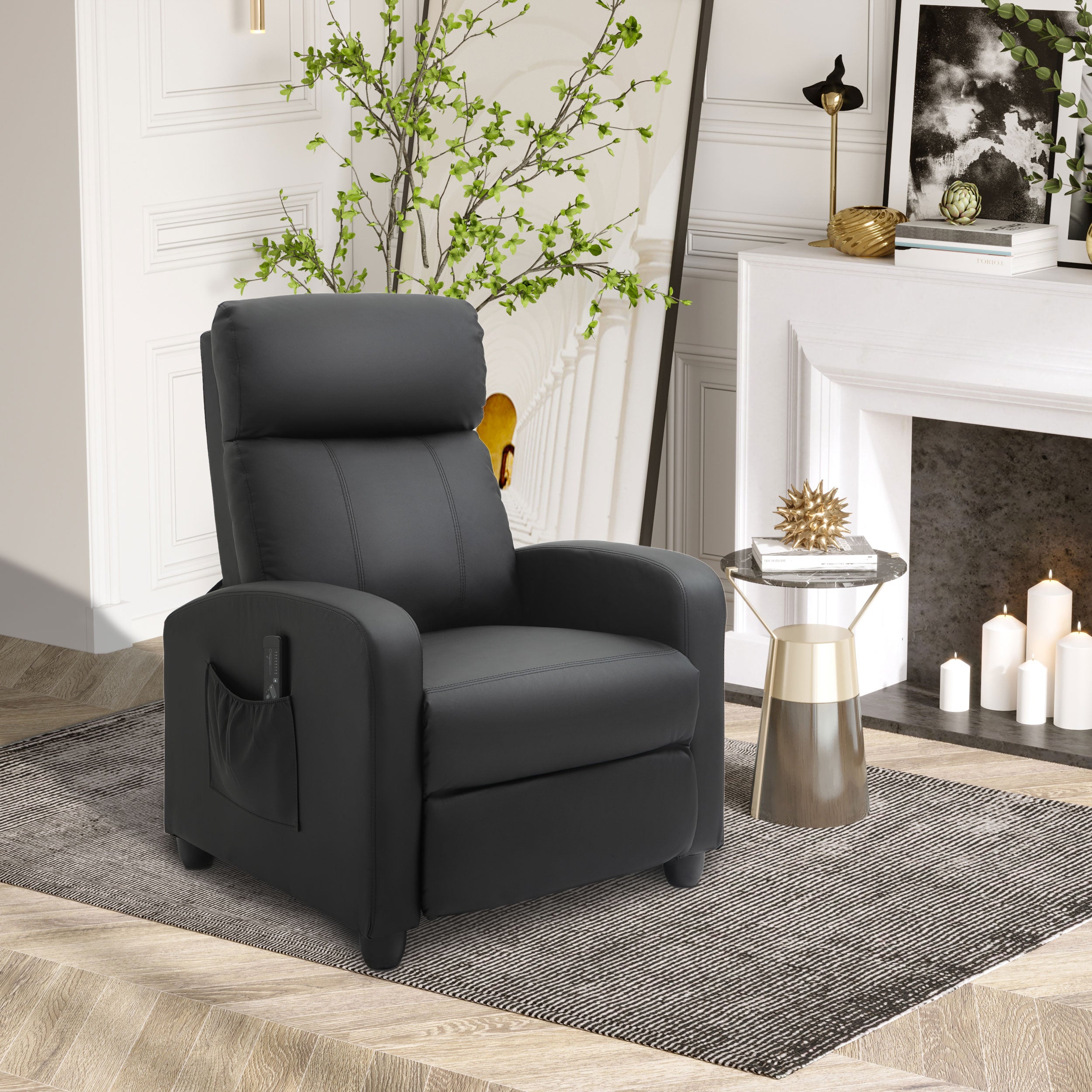HOMCOM Recliner Armchair, Massage Faux Leather Push Back Reclining Chair with Adjustable Leg Rest, Side Pocket, for Home Living Room Theatre, Black - North Peak Garden Furniture