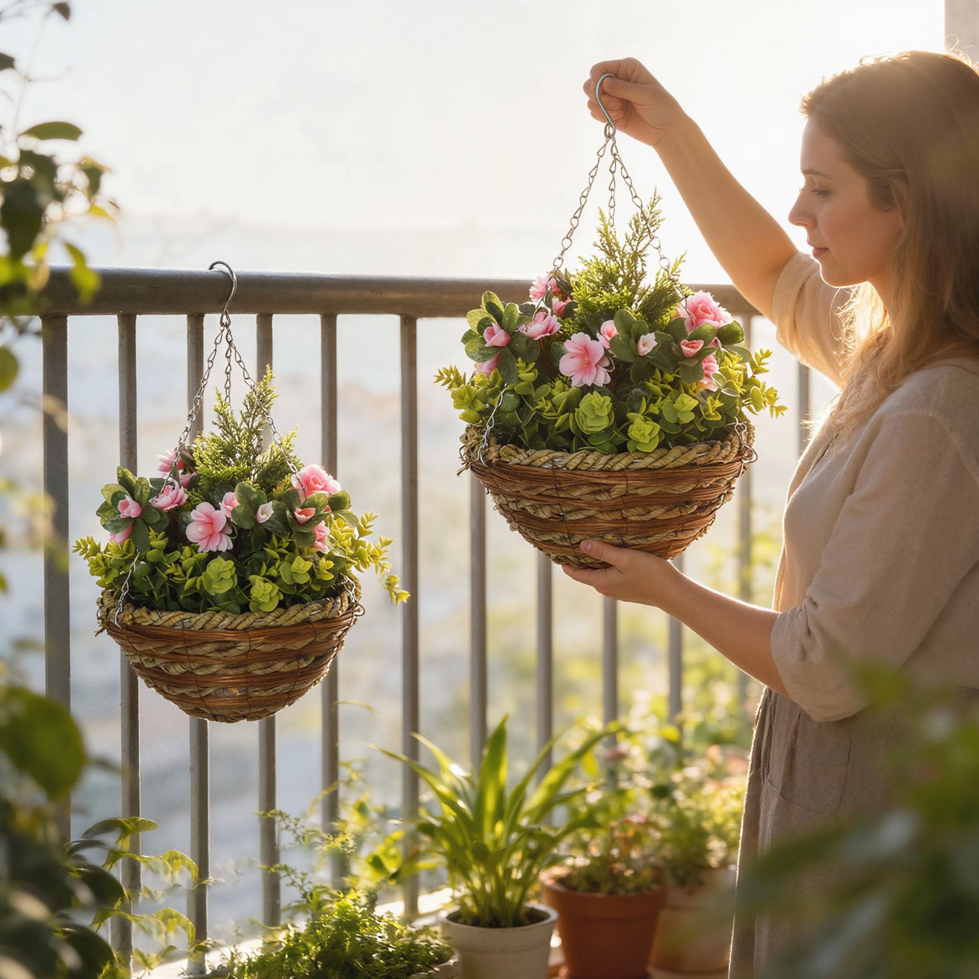 Outsunny Pack of 2 Faux Plant Artificial Lisianthus Flowers Hanging Planter with Basket for Indoor Outdoor Decoration, Pink
