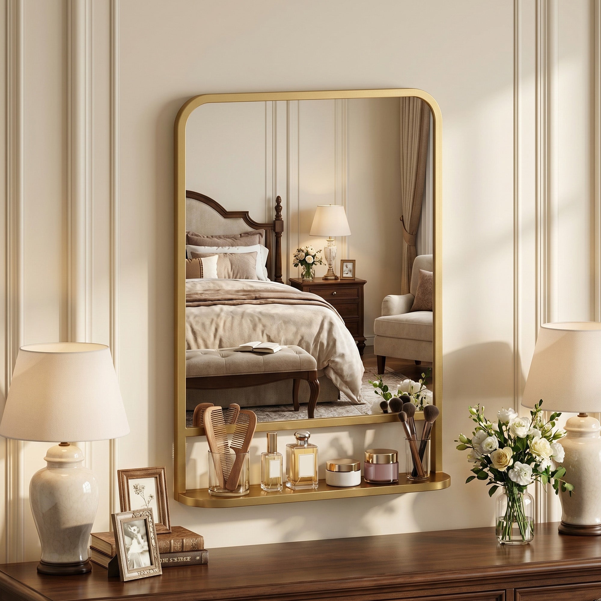 HOMCOM Modern Rectangular Wall Mirror with Storage Shelf, 70 x 50 cm, Gold Tone