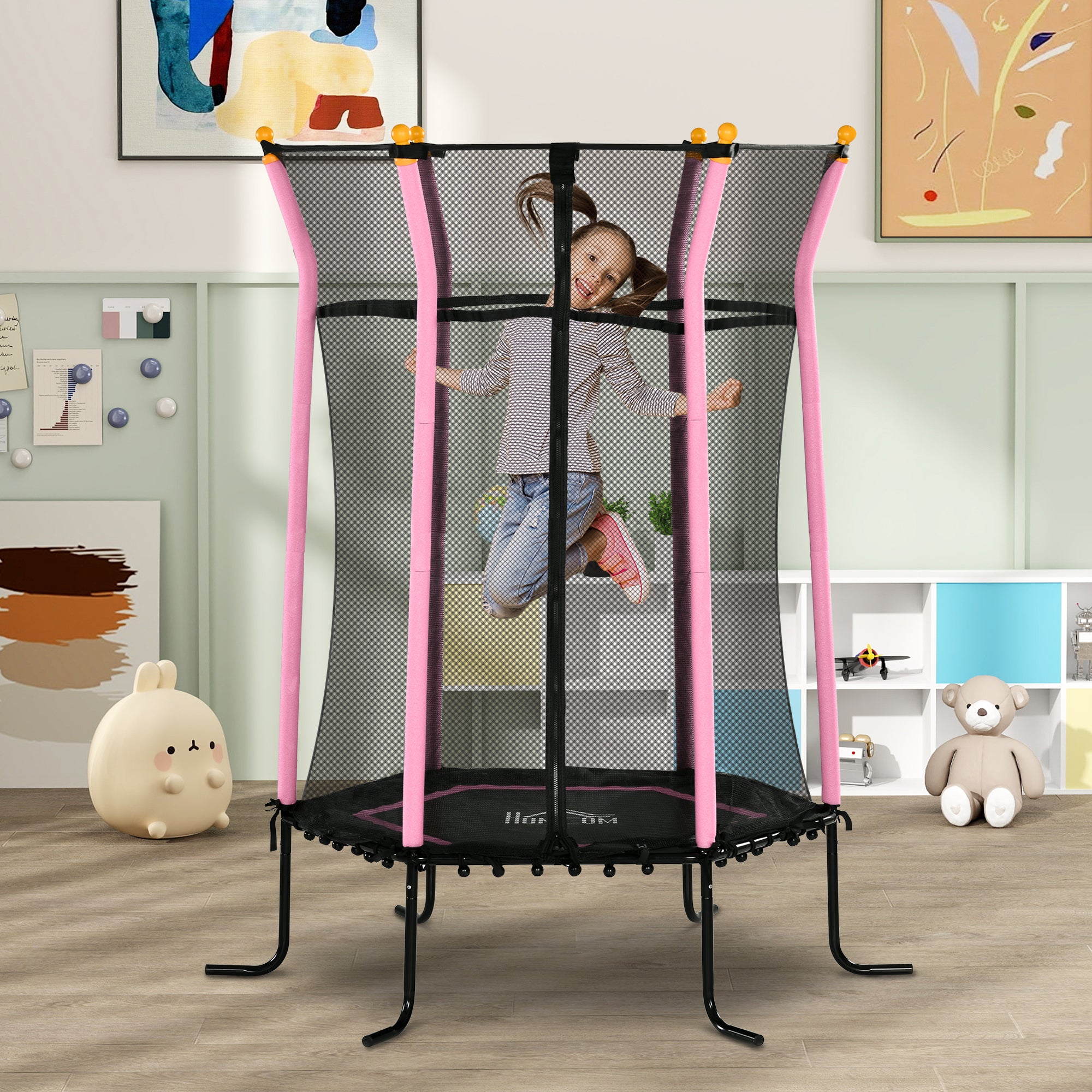 HOMCOM Kids Trampoline Mini Bouncer with Enclosure Safety Net For Ages 3-10 Years - Pink - North Peak Garden Furniture