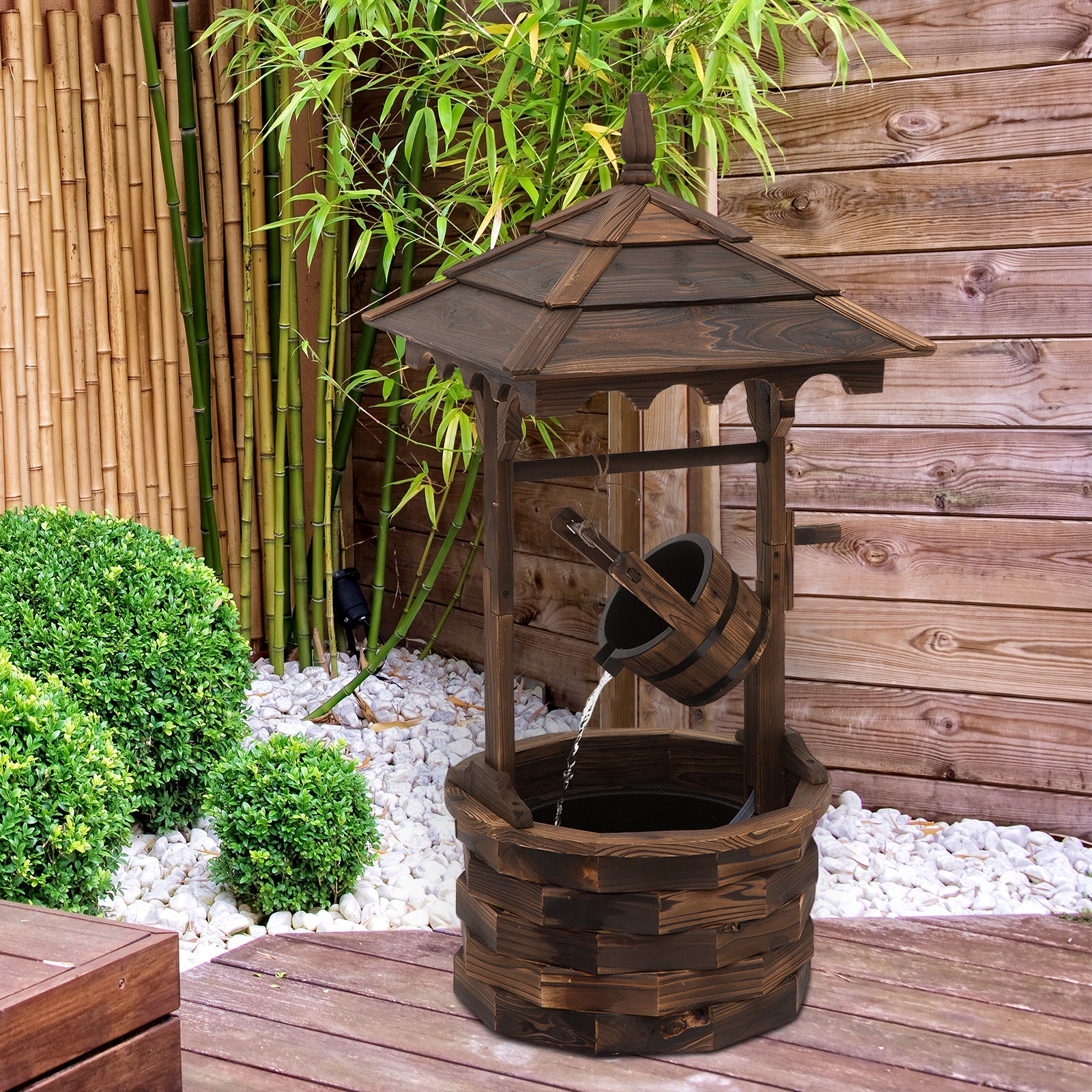 Outsunny Wooden Garden Wishing Well Fountain Barrel Waterfall Rustic Wood with Pump Garden Décor Ornament - North Peak Garden Furniture