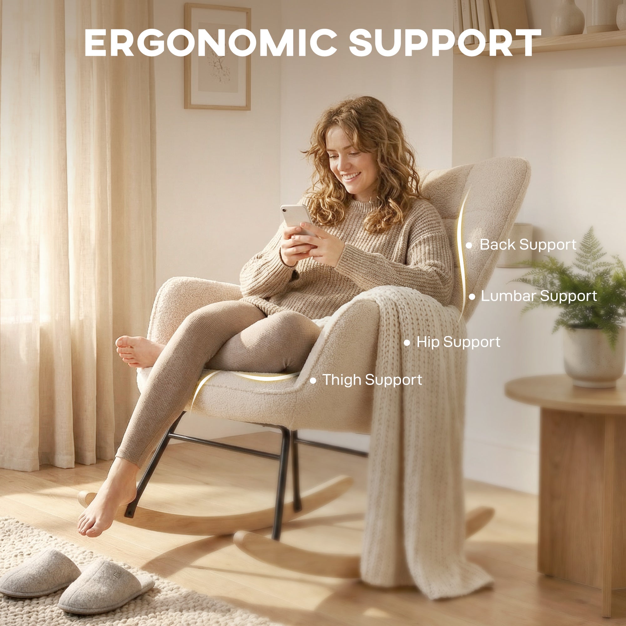 HOMCOM Berber Fleece Nursery Glider Rocker for Nursing, Wingback Rocking Chair for Living Room, Beige
