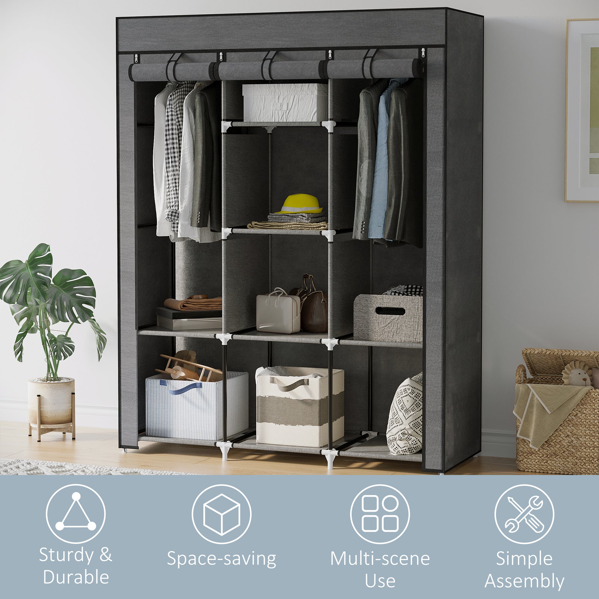 HOMCOM Fabric Wardrobe, Portable Wardrobe, Clothes Storage Unit with 8 Shelves, 2 Hanging Rods, 125 x 43 x 162.5 cm, Dark Grey - North Peak Garden Furniture