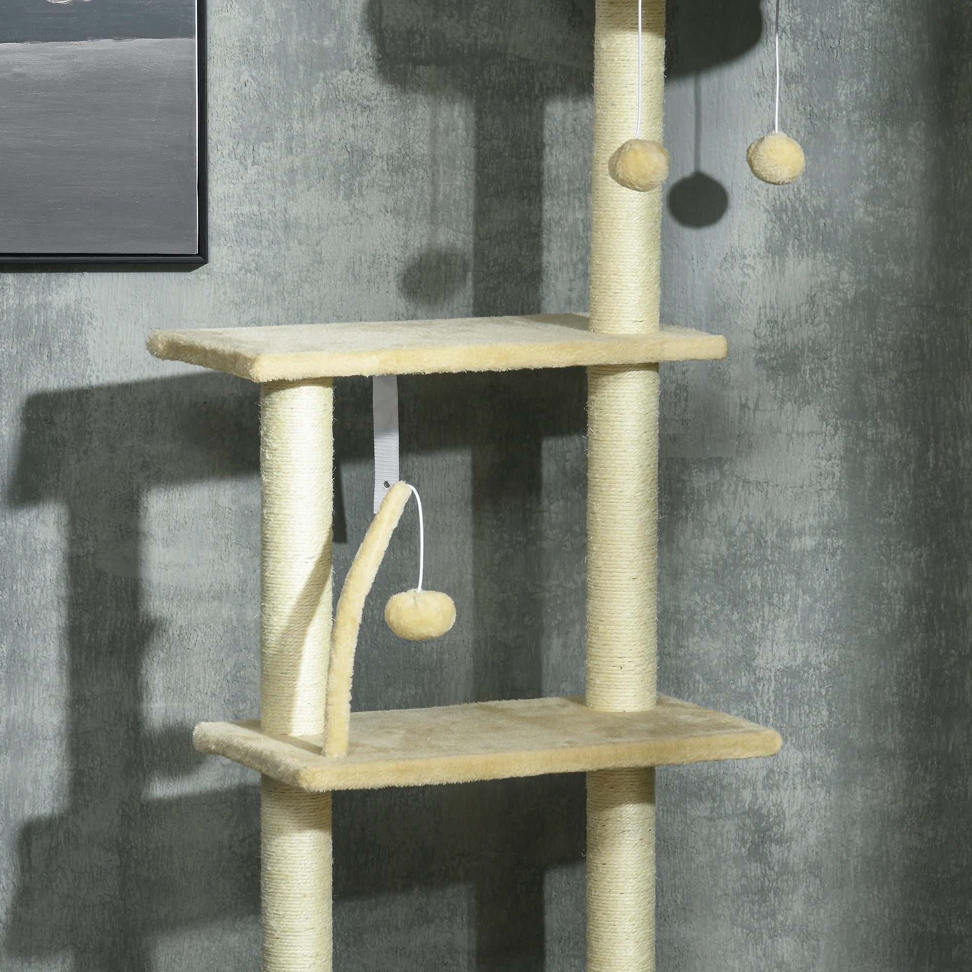 PawHut Floor to Ceiling Cat Tree for Indoor Cats, 6-Tier Play Tower Climbing Activity Center with Scratching Post, Platforms, Bed, Hammock, Adjustable Height 230-250cm, Beige - North Peak Garden Furniture