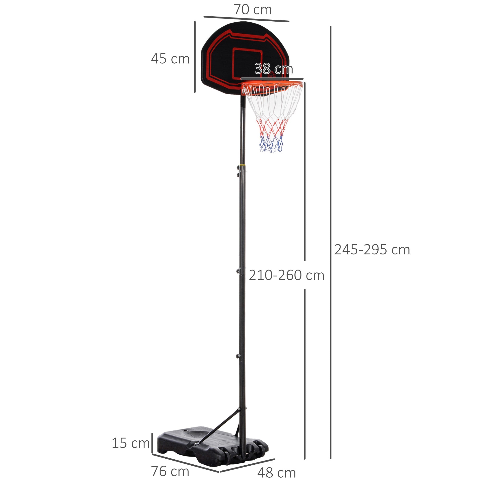 HOMCOM Basketball Hoop Stand Portable Adjustable Height 2.1-2.6m w/ Wheels, Sturdy Rim Stable Base, Black