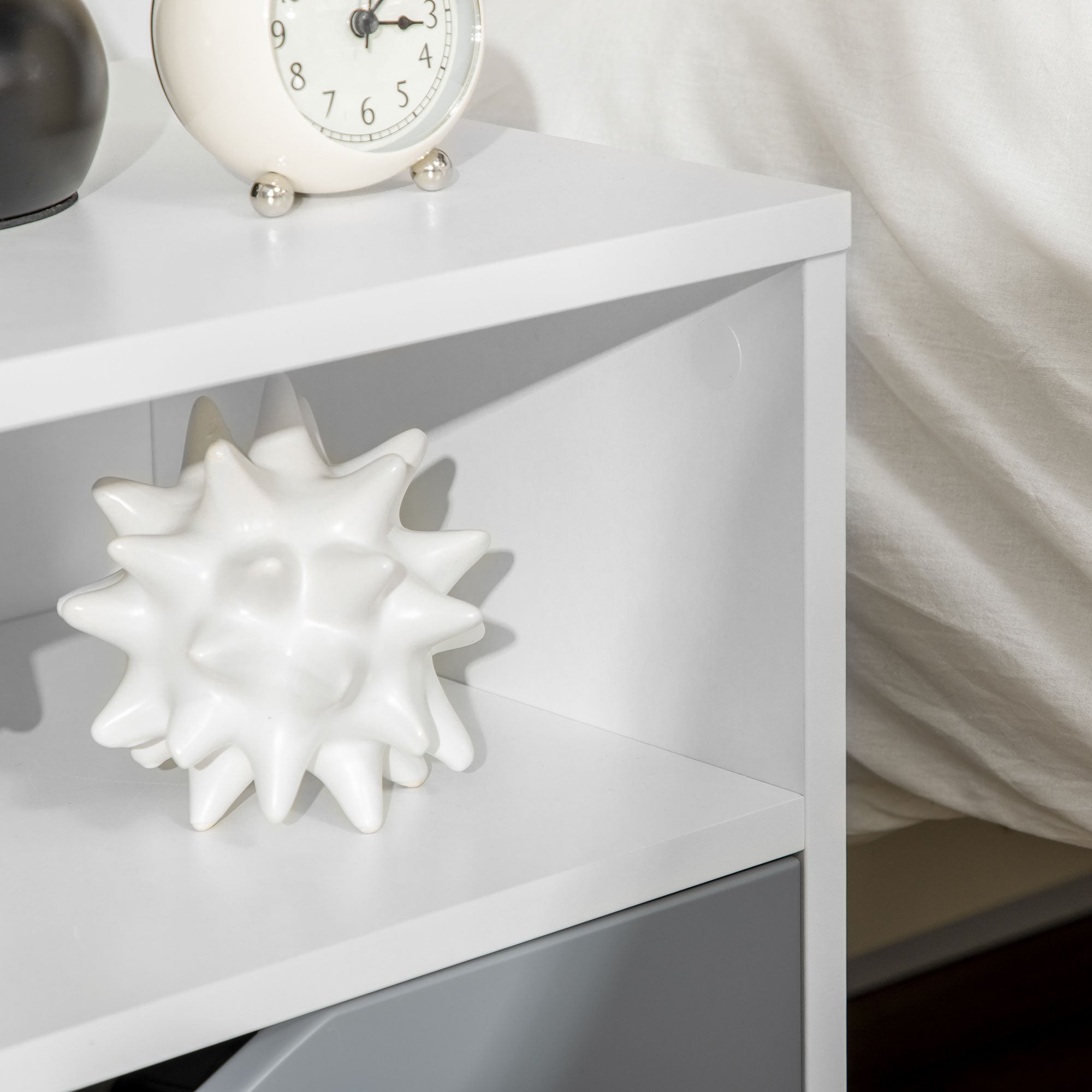 HOMCOM Modern Bedside Table, Side End Table with Shelf, Drawer and Wood Legs, 36.8cmx33cmx43.8cm, White and Grey - North Peak Garden Furniture