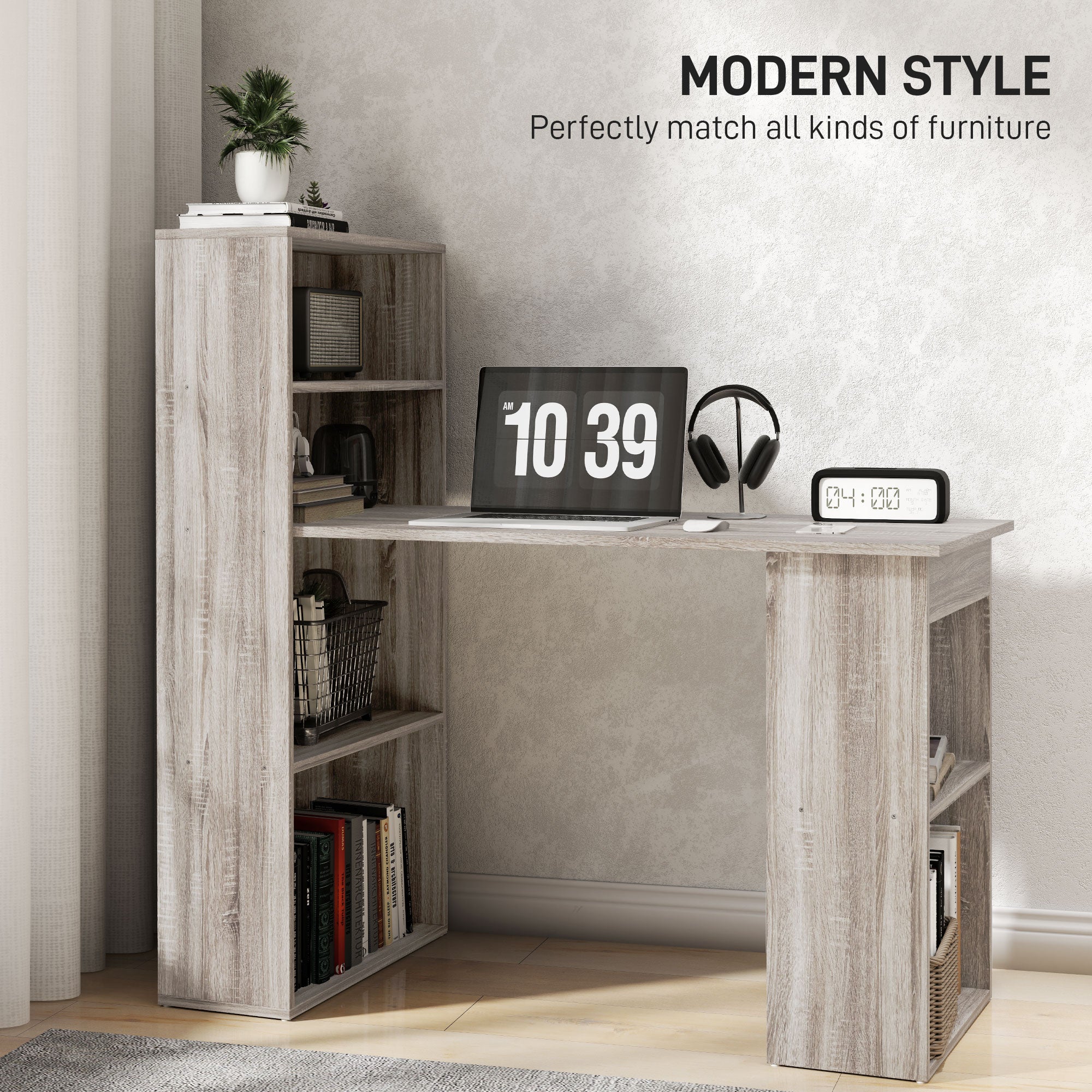 HOMCOM 120cm Modern Computer Desk Bookshelf Study Table Workstation PC Laptop Writing Home Office 6 Shelves, Grey Wood-Effect - North Peak Garden Furniture