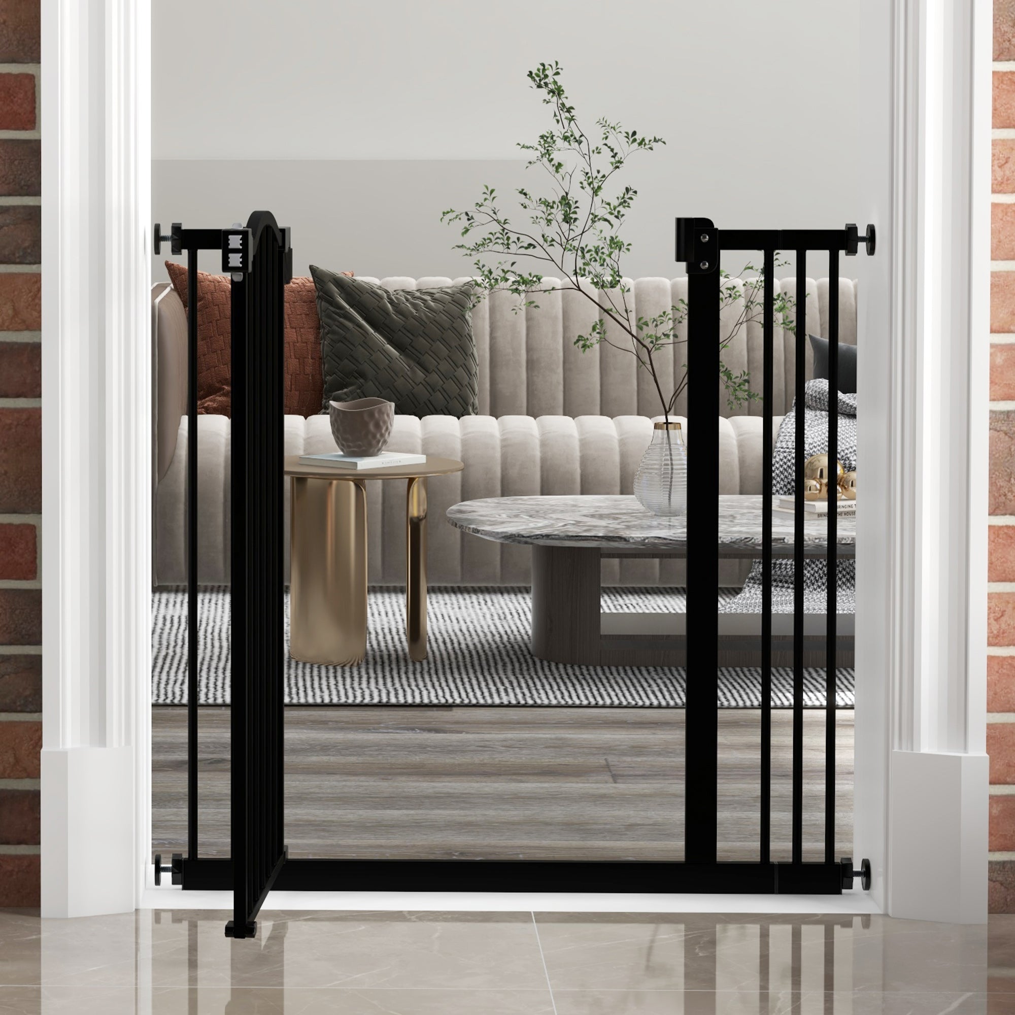 PawHut Metal 74-87cm Adjustable Pet Gate Safety Barrier w/ Auto-Close Door Black - North Peak Garden Furniture