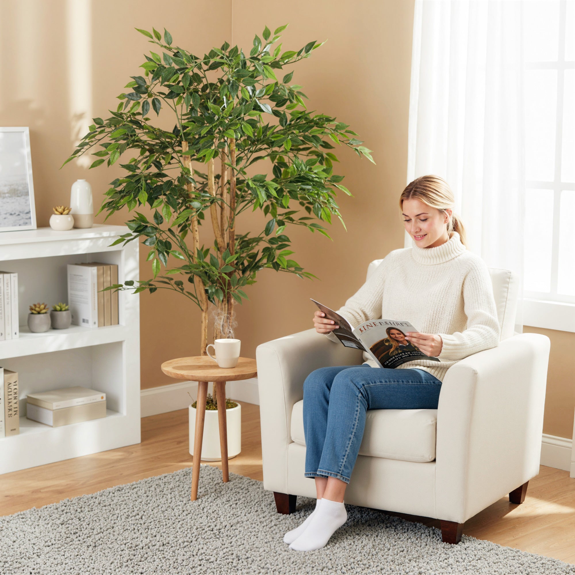 HOMCOM 150cm Artificial Ficus Tree, Fake Potted Tree with Solid Wood Trunk and Pot for Indoor, Green