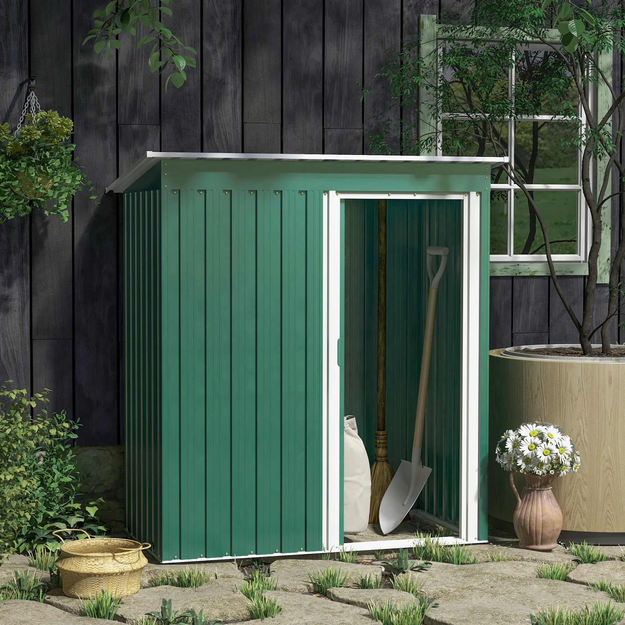 Outsunny 5 x 3ft Garden Storage Shed with Sliding Door and Sloped Roof Outdoor Equipment Tool Garden, Green - North Peak Garden Furniture