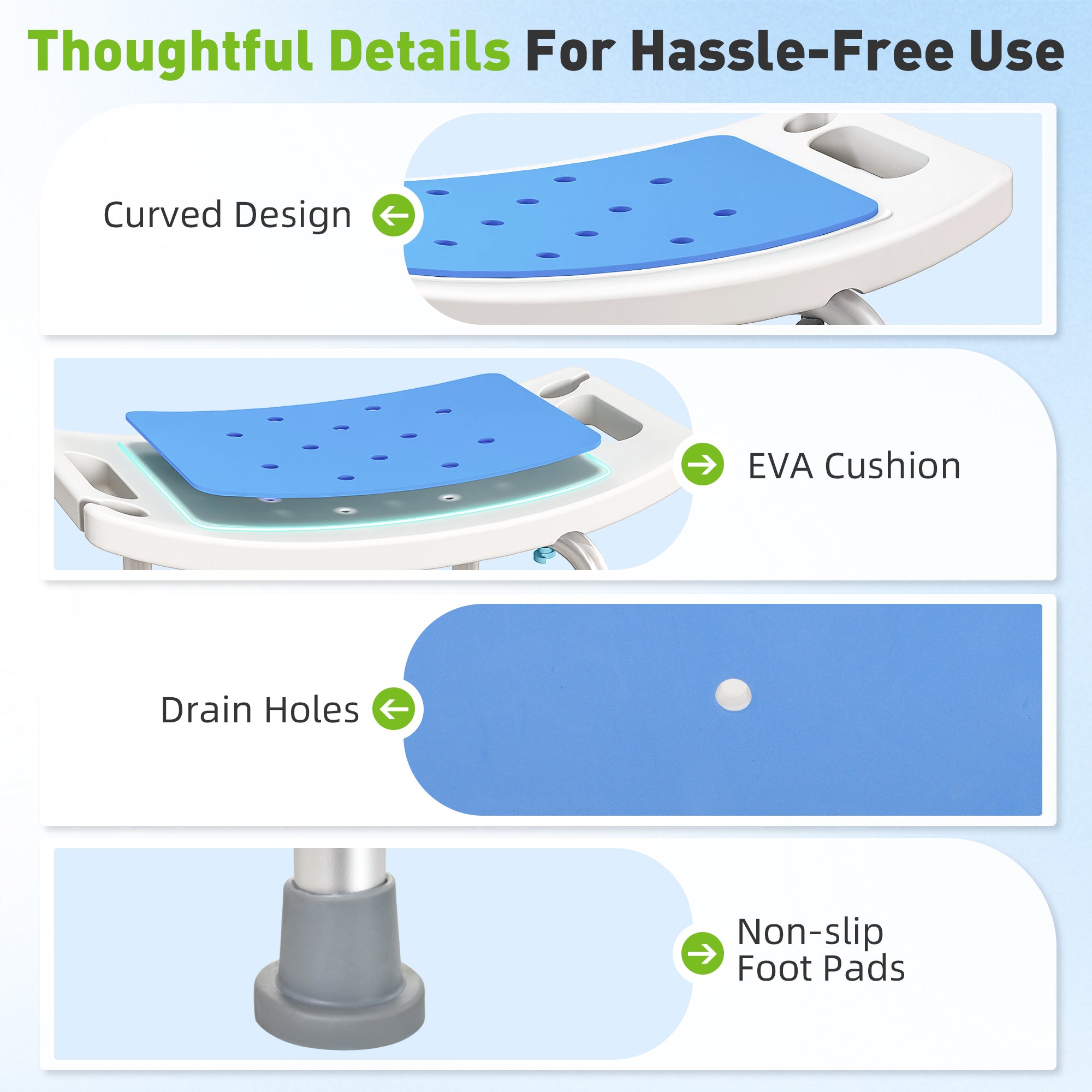 HOMCOM 6-Level Height Adjustable Aluminium Bath Room Stool Chair Shower Non-Slip Design w/ Padded Seat Drainage Holes Foot Pad, Blue