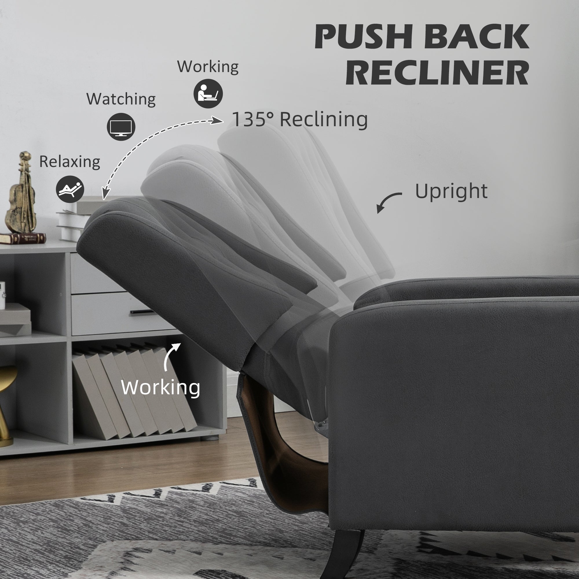HOMCOM Wingback Recliner Chair for Home Theater, Button Tufted Microfibre Cloth Reclining Armchair with Leg Rest, Deep Grey - North Peak Garden Furniture