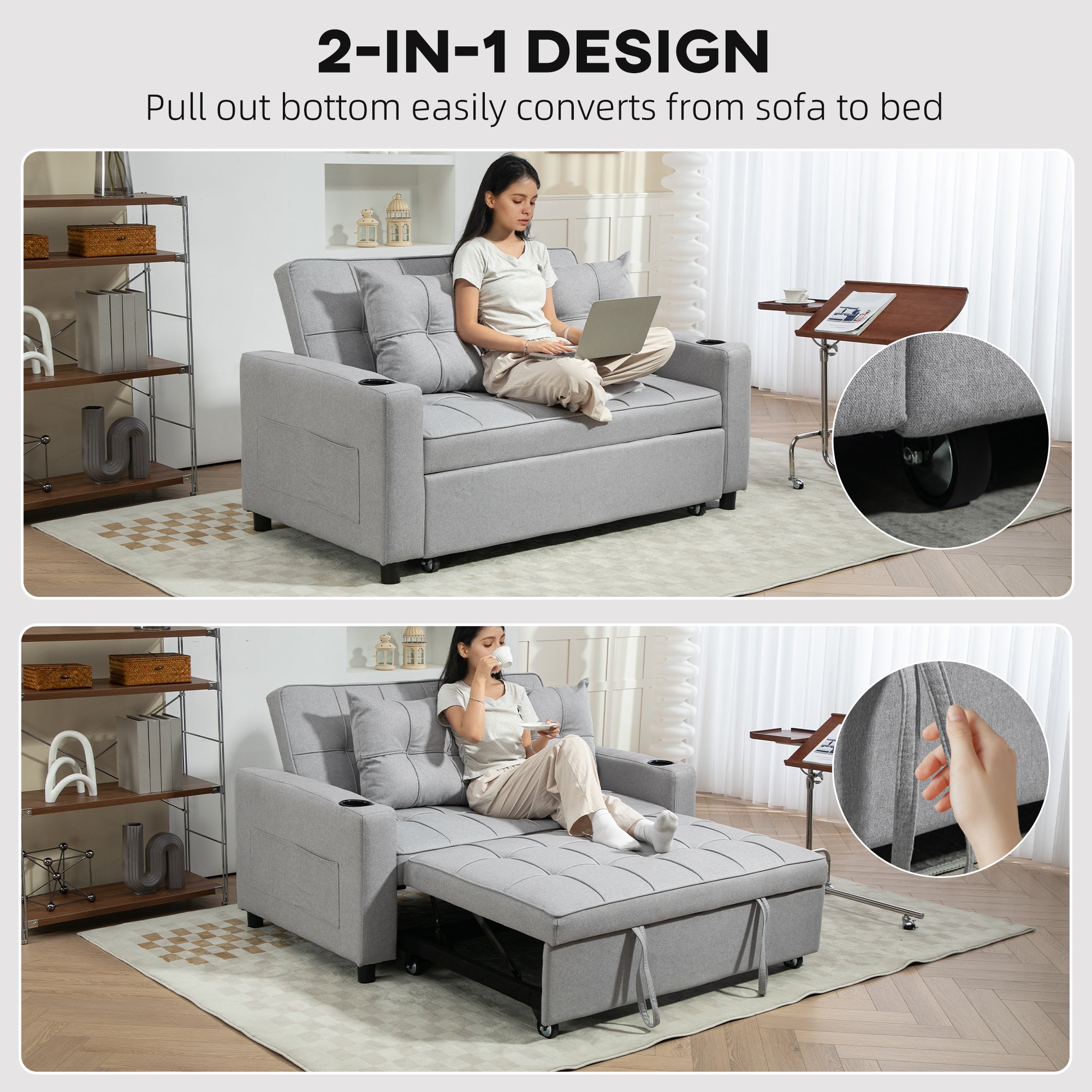 HOMCOM Two-Seater Pull-Out Sofa Bed - Light Grey