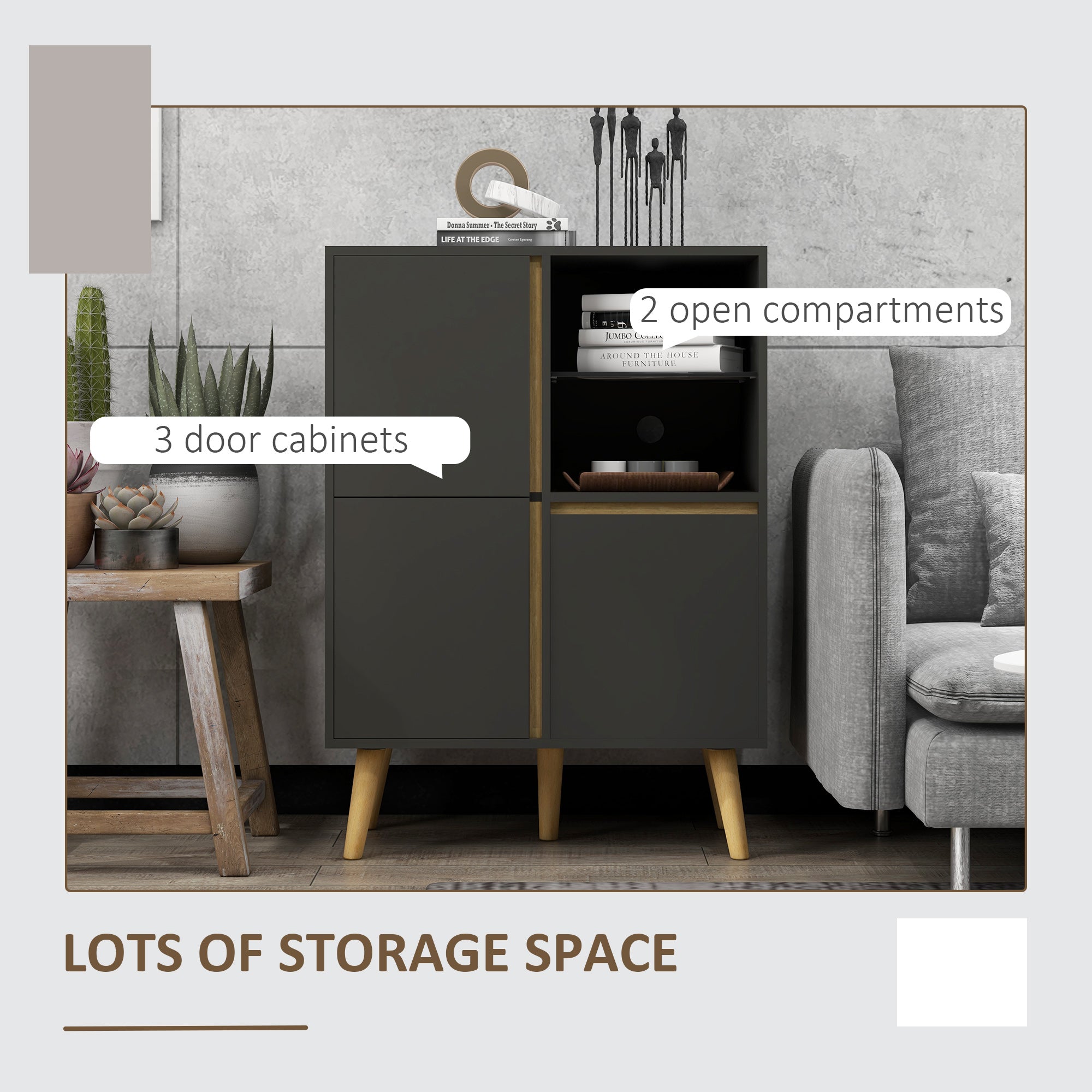 HOMCOM Storage Cabinet Sideboard with Tempered Glass Adjustable Shelves and Solid Wood Legs - North Peak Garden Furniture