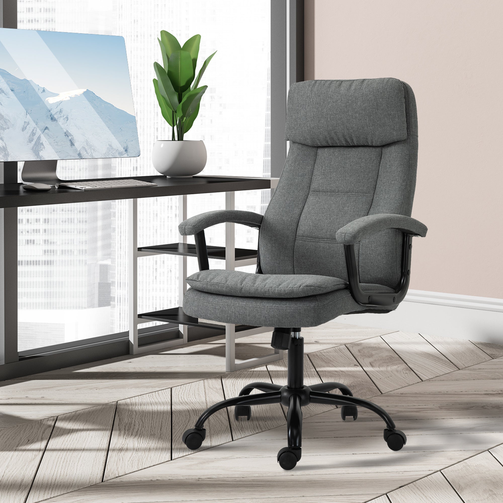 Vinsetto Office Chair, Linen Fabric Desk Chair with 2 Point Massage in Lumbar, Adjustable Height, Rolling Wheels, Grey - North Peak Garden Furniture